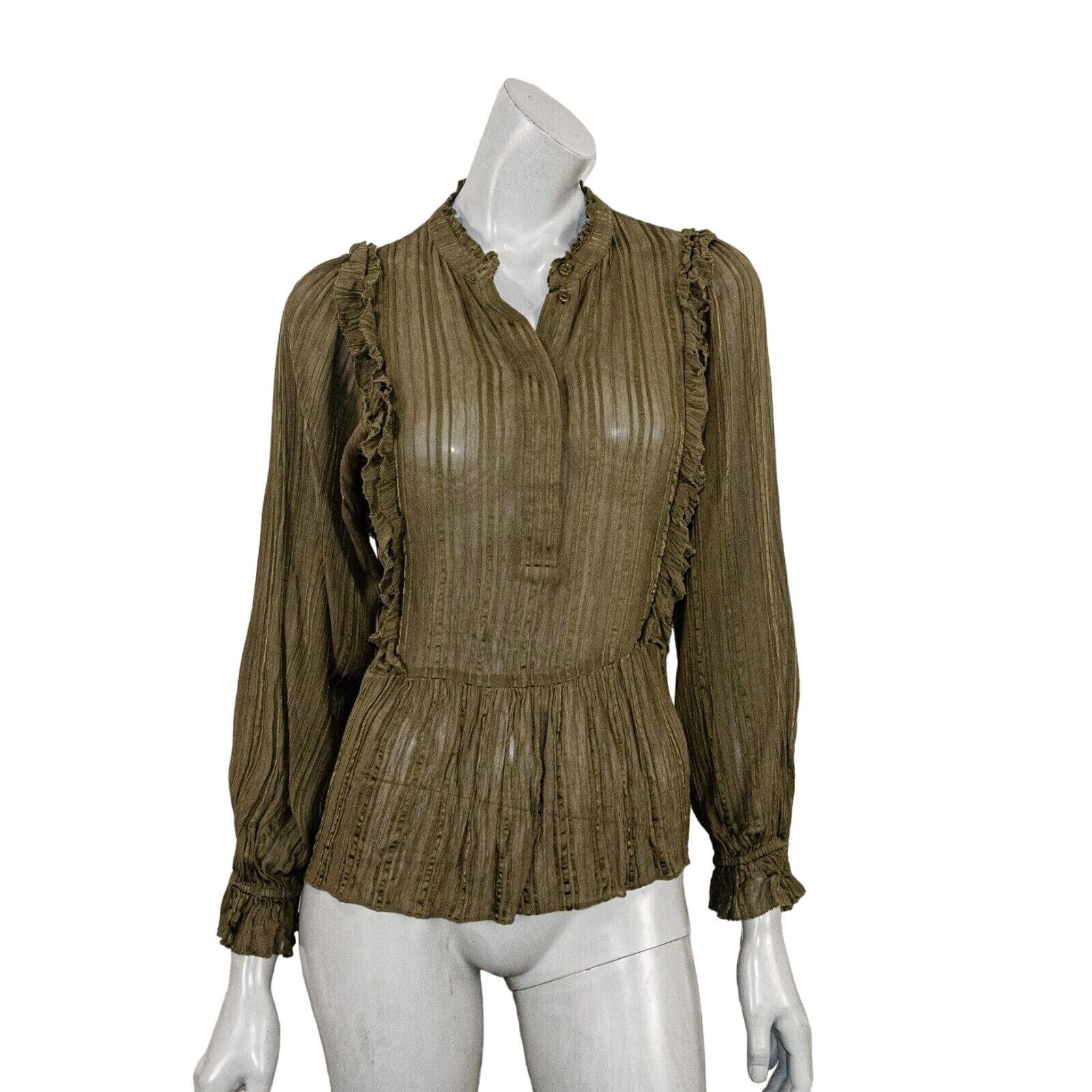 Reiss REISS Alandra Sheer Ruffle Blouse 1/2 button in olive green Size XS / US 0-2 / IT 36-38 - 2 Thumbnail