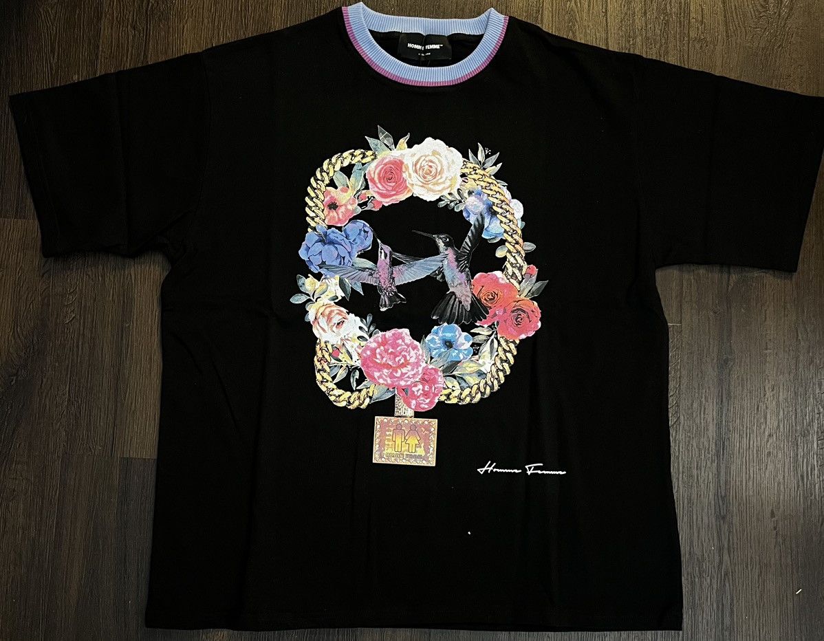 Homme + Femme La Homme Femme Paradise Hummingbird Chain T-shirt Black Purple Floral Size US XL / EU 56 / 4 - 1 Thumbnail