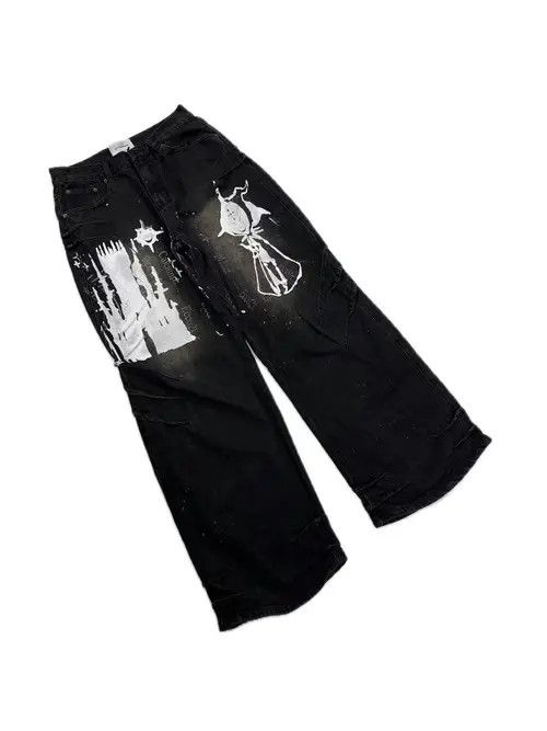 Jean Washed and Aged Frayed Print Street Y2K Jeans Size US 32 / EU 48 - 5 Thumbnail