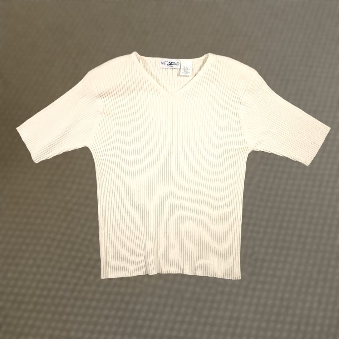 Vintage VINTAGE White Stag Ribbed Short Sleeve Top 22W Ivory Stretch Shoulder Pads Shirt Womens 22W Plus Vintage 80s 90s Classic Folk Bohemian Casual Workwear Size 3XL / US 20-22 - 1 Thumbnail
