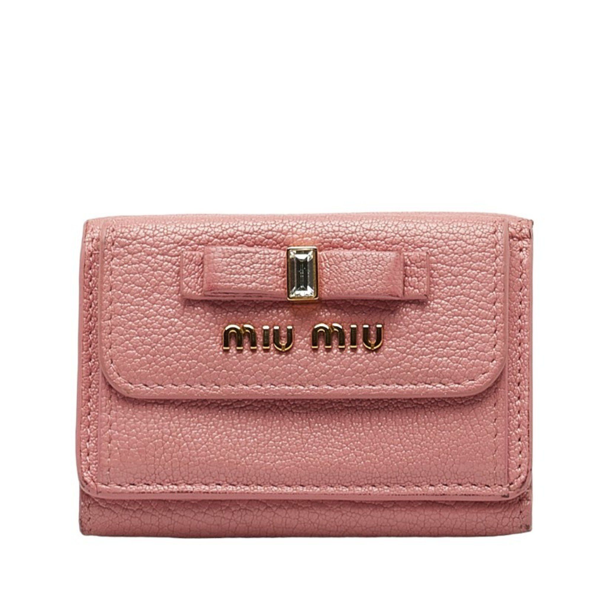 image of Miu Miu Miu Ribbon Motif Tri-Fold Wallet Compact Pink Leather Women's Miumiu
