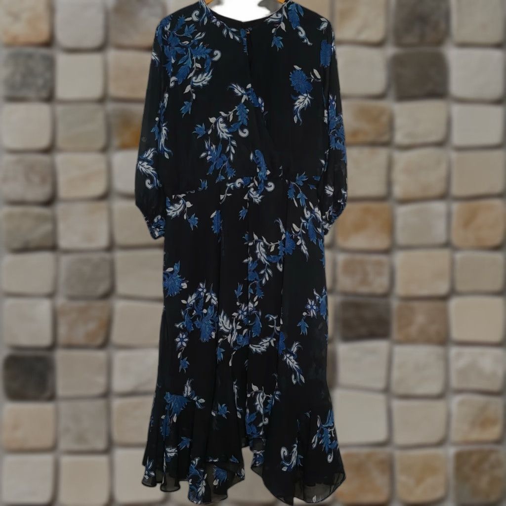 Vintage Lane Bryant Dress Women 22 Black Blue Floral Sheer Long Sleeve Party Ruffle Keyhole Blouson Womens Size 3XL / US 20-22 - 1 Thumbnail