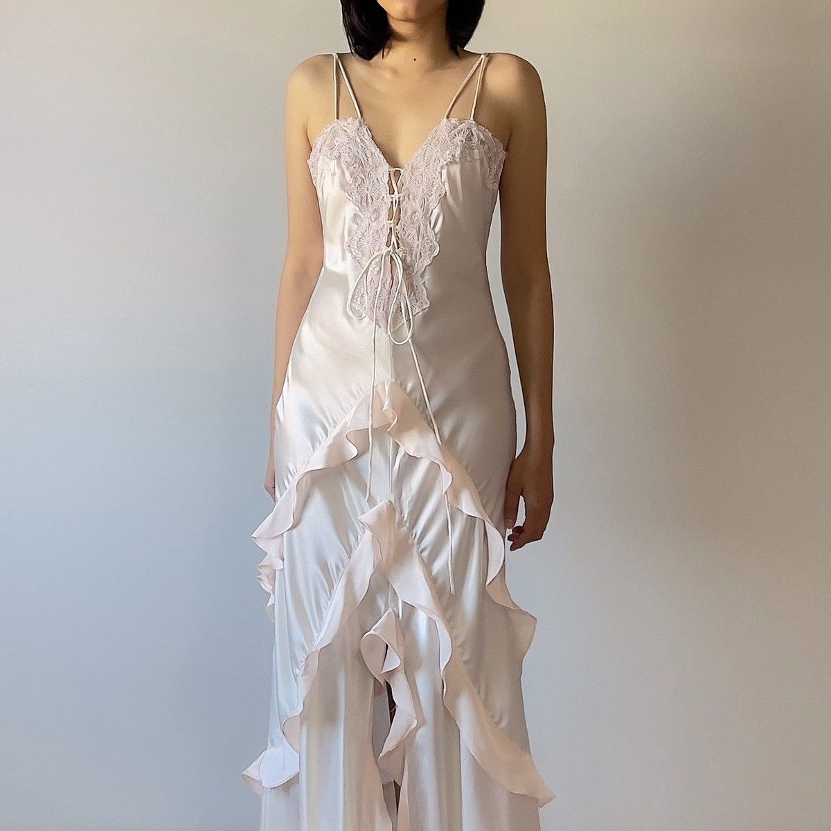 image of Vintage Vs White Pearl Ruffle Satin Dress (Small), Women's