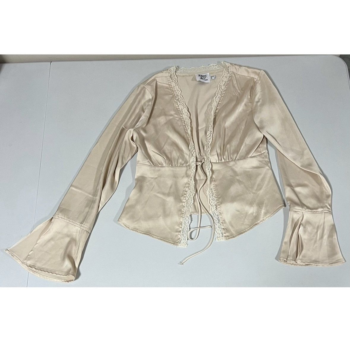 PRINCESS POLLY Silk Satin Lace Tie-Front Cardigan Shirt Top Blouse Size 4 ✨ Size S / US 4 / IT 40 - 3 Thumbnail