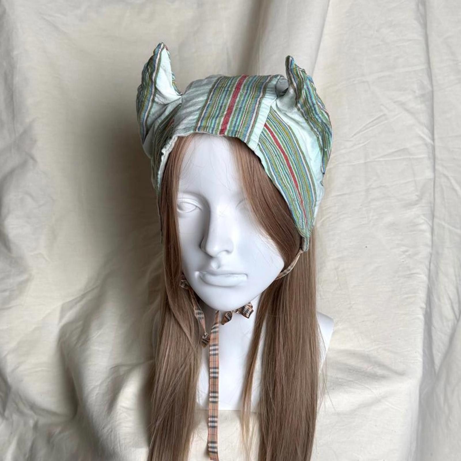 Japanese Brand Handmade Reversible Striped Pointed Devil Ear Bonnet Size ONE SIZE - 1 Thumbnail