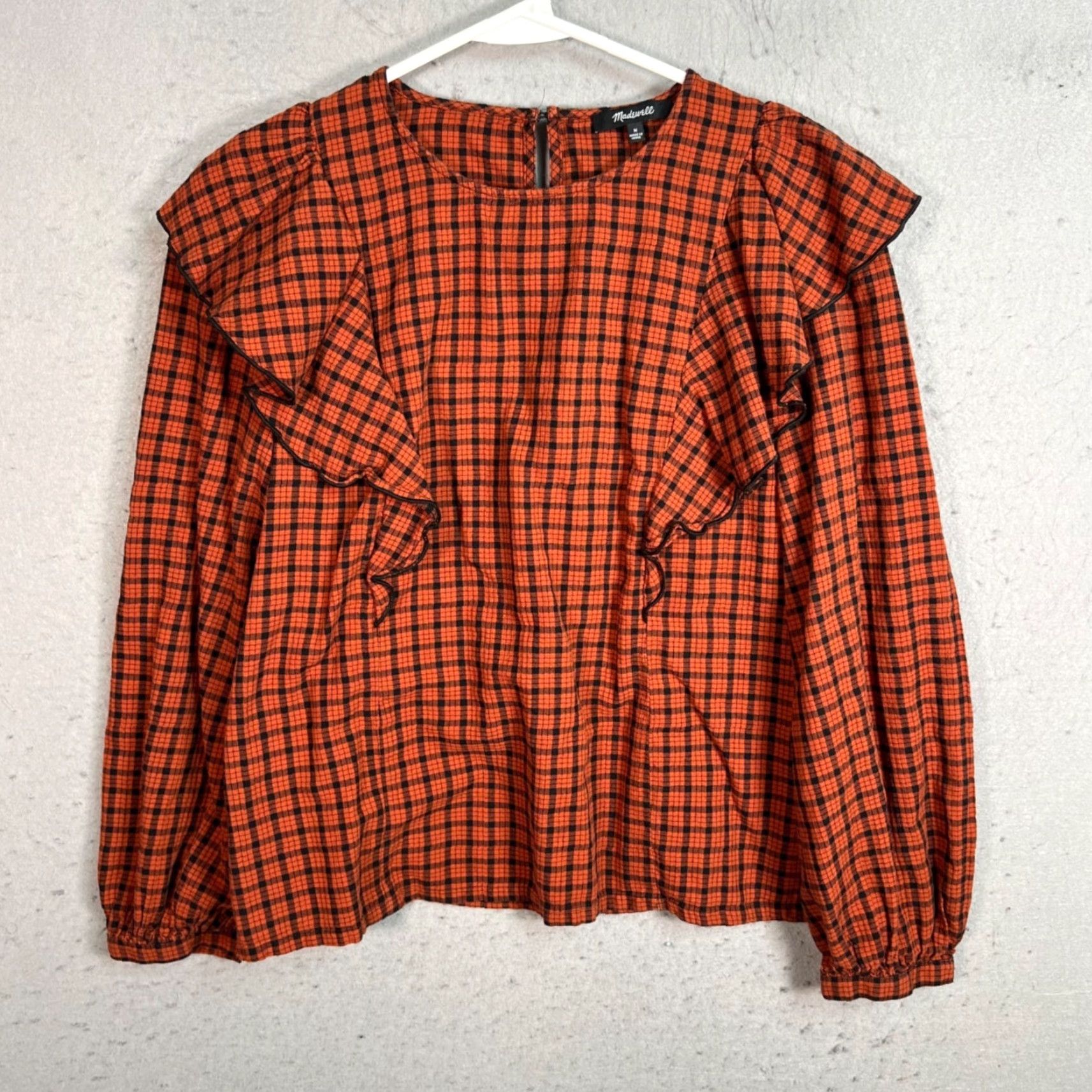 Madewell Madewell Shirt Womens Medium Orange & Black Plaid Ruffle Long Sleeve Top Size M / US 6-8 / IT 42-44 - 2 Thumbnail