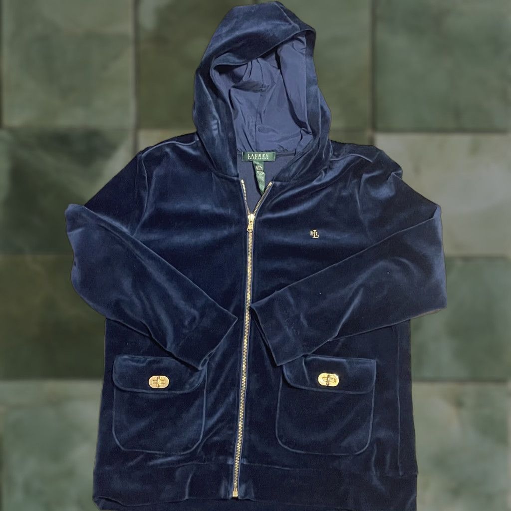 Ralph Lauren Lauren Ralph Lauren Velour Track Suit Jacket Women's Large Blue w/ Gold Full Zip Size L / US 10 / IT 46 - 1 Thumbnail