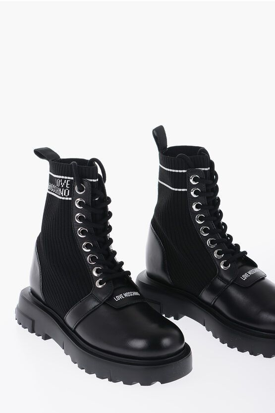 image of Moschino Love Leather And Fabric Combat Boots With Contrasting Detail in Black, Women's (Size 9)