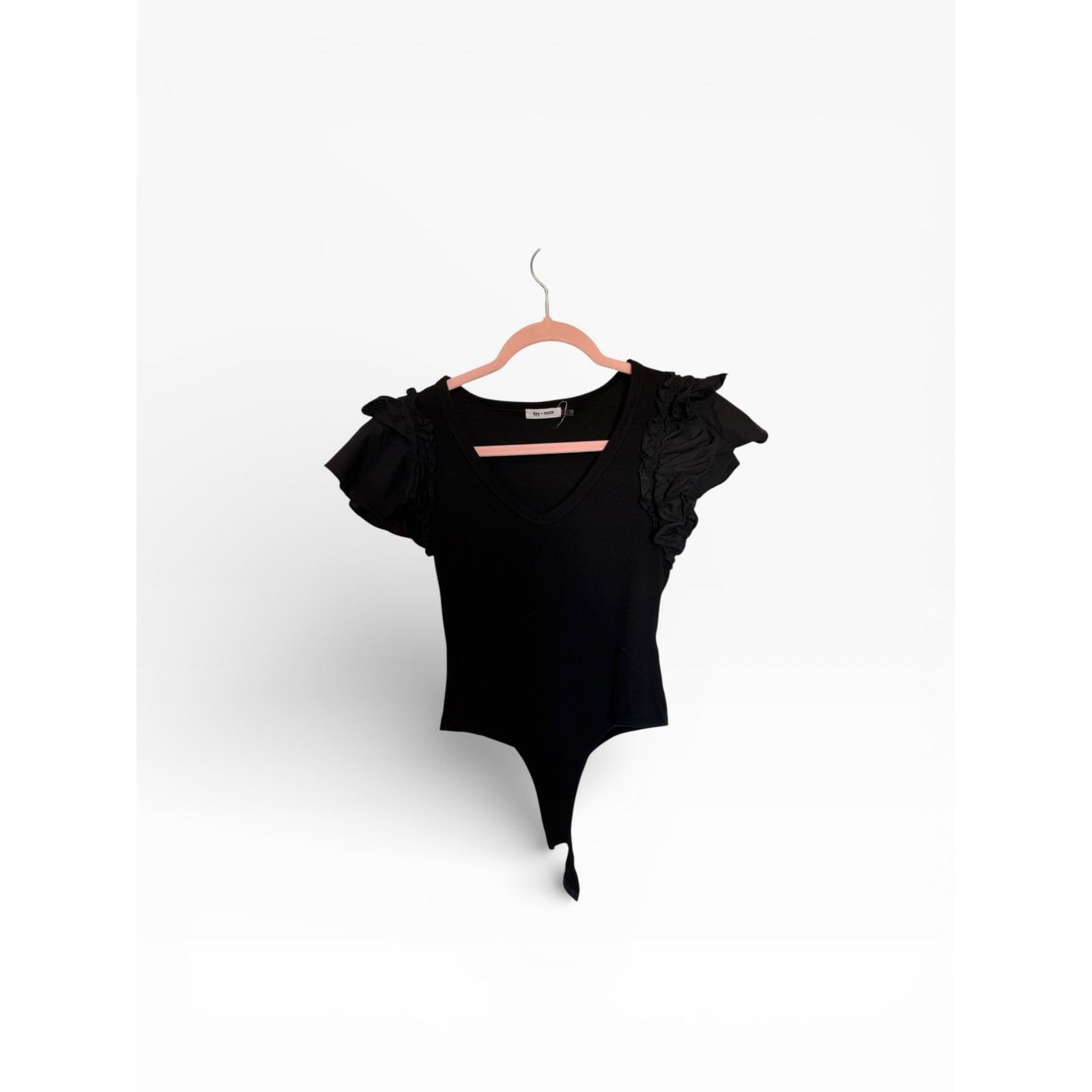 Other Day+Moon Solid Black Short Sleeve Ruffle V-Neck Bodysuit Size M / US 6-8 / IT 42-44 - 2 Thumbnail