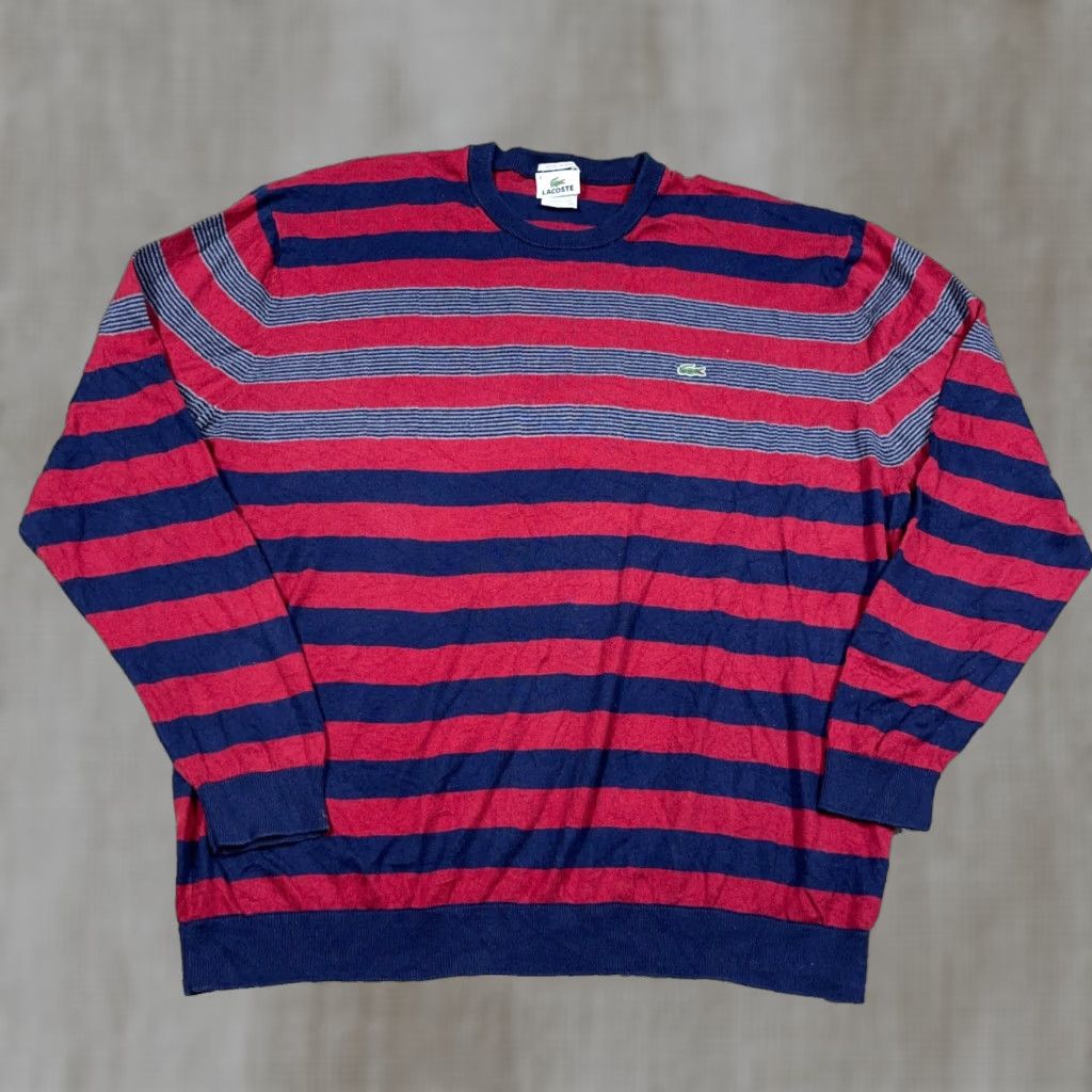 Lacoste Sweater Men 3XL Red Blue Cotton Cashmere Lightweight Knit Pullover Crew Neck Logo Striped All Seasons Classic