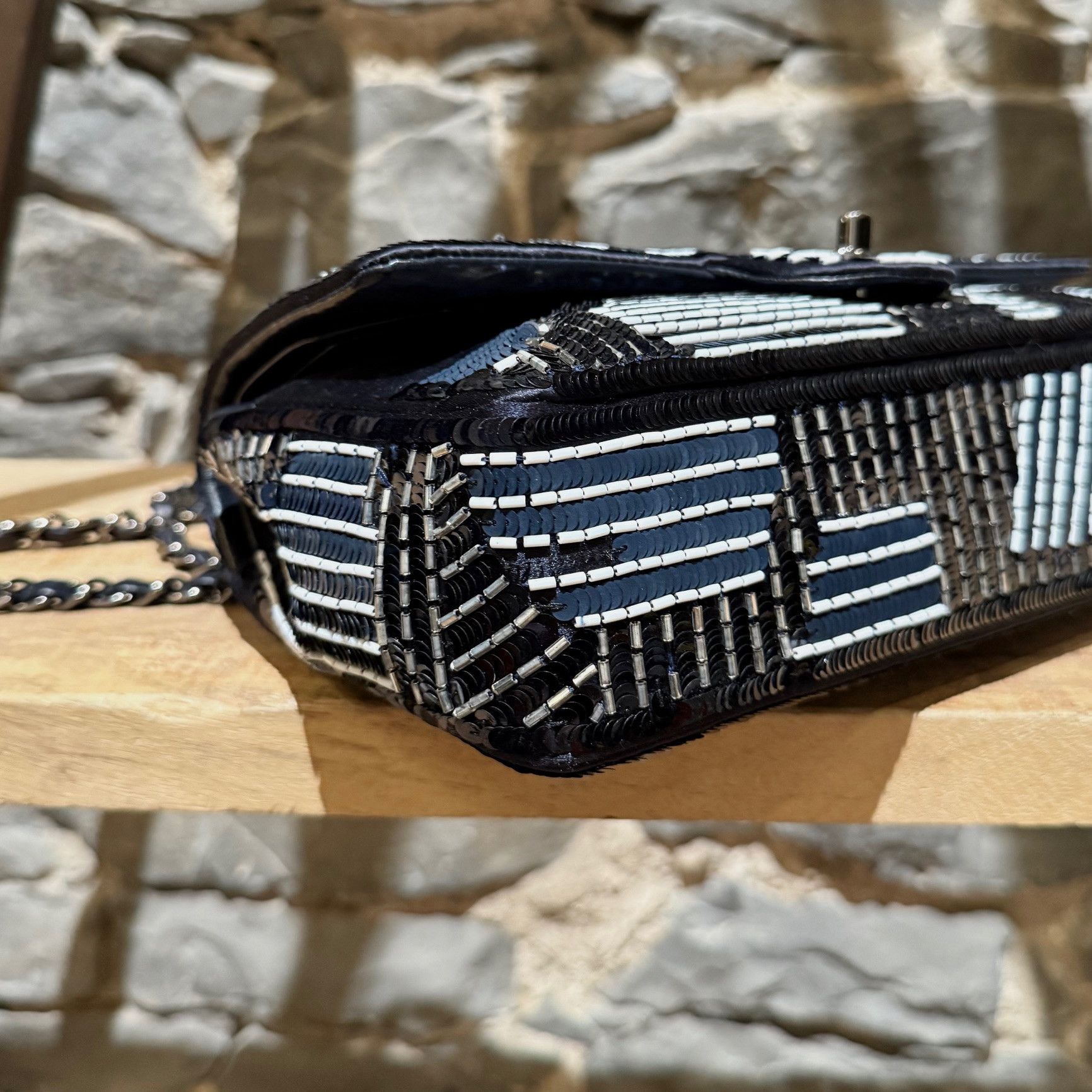Chanel Chanel Navy Blue Satin Sequin Beaded Medium Double Flap Bag Size ONE SIZE - 10 Thumbnail