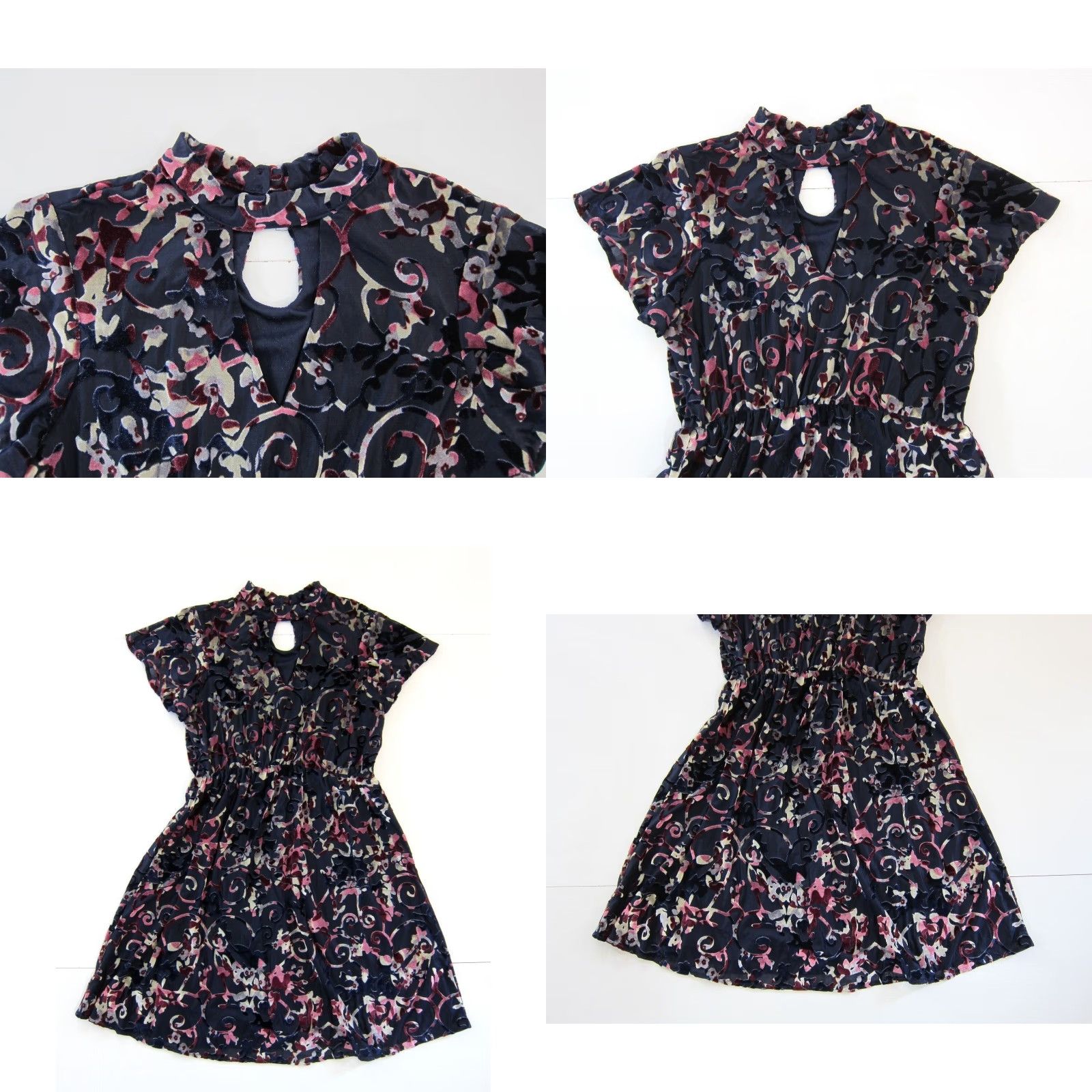 Vintage Bongo Blue Pink Floral Stretch Velvet High Neck Boho Sheath Empire Dress Small Women Short Sleeve Knee Length Size S / US 4 / IT 40 - 8 Thumbnail
