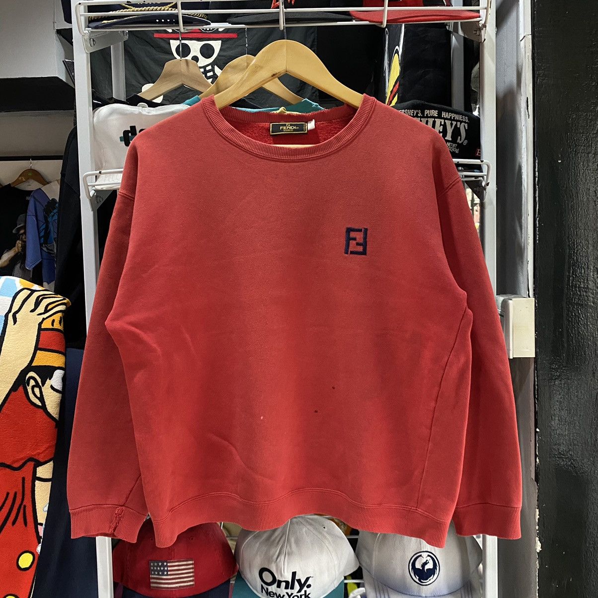 image of Fendi Uomo Distressed Crewneck Sweatshirts in Red, Men's (Size Small)