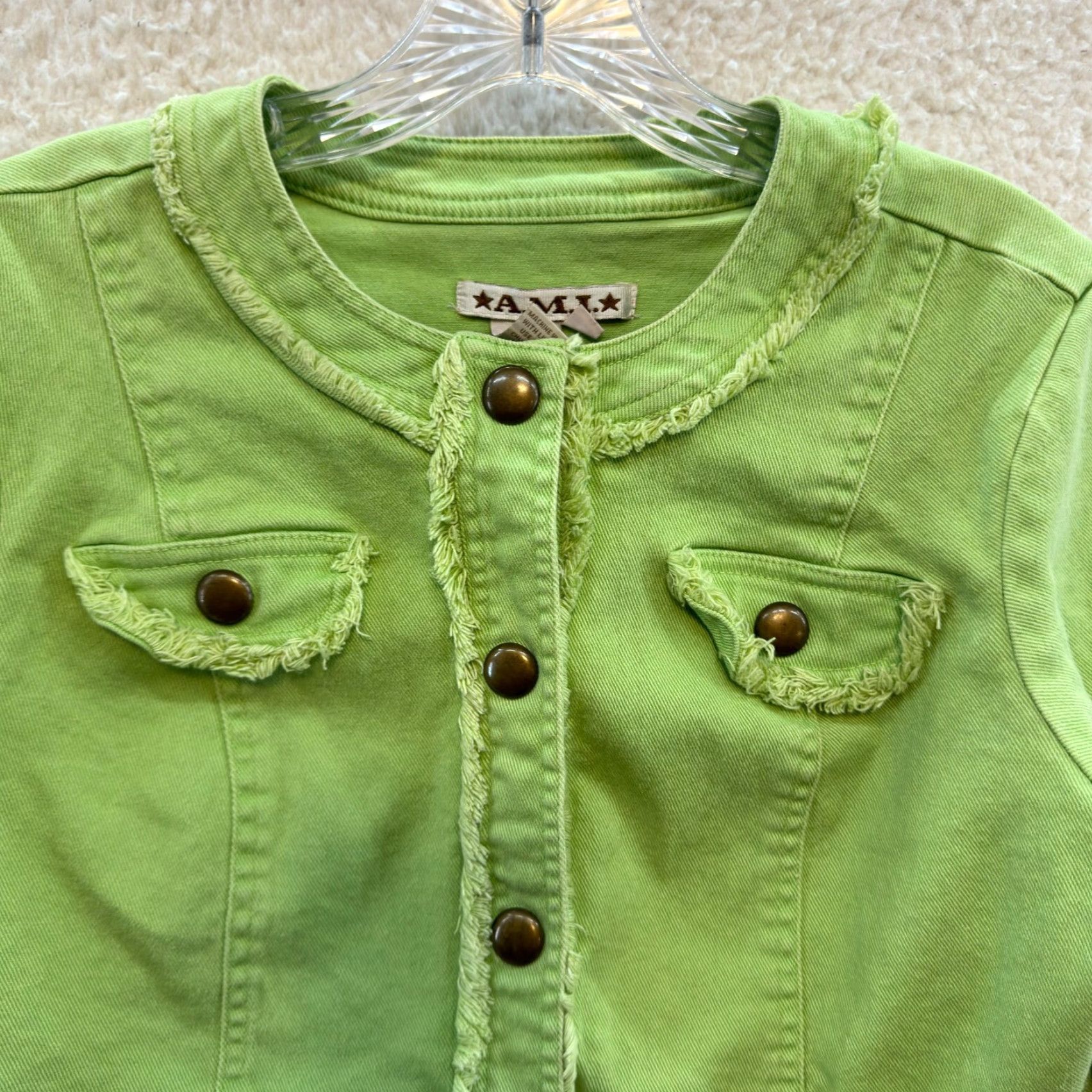 Vintage Y2K Vintage Denim Jacket Medium Lime Neon Green Military Cyber Rave Jacket M Green Shirts, Denim, Grunge, A.M.I. Mens Size M / US 6-8 / IT 42-44 - 3 Thumbnail