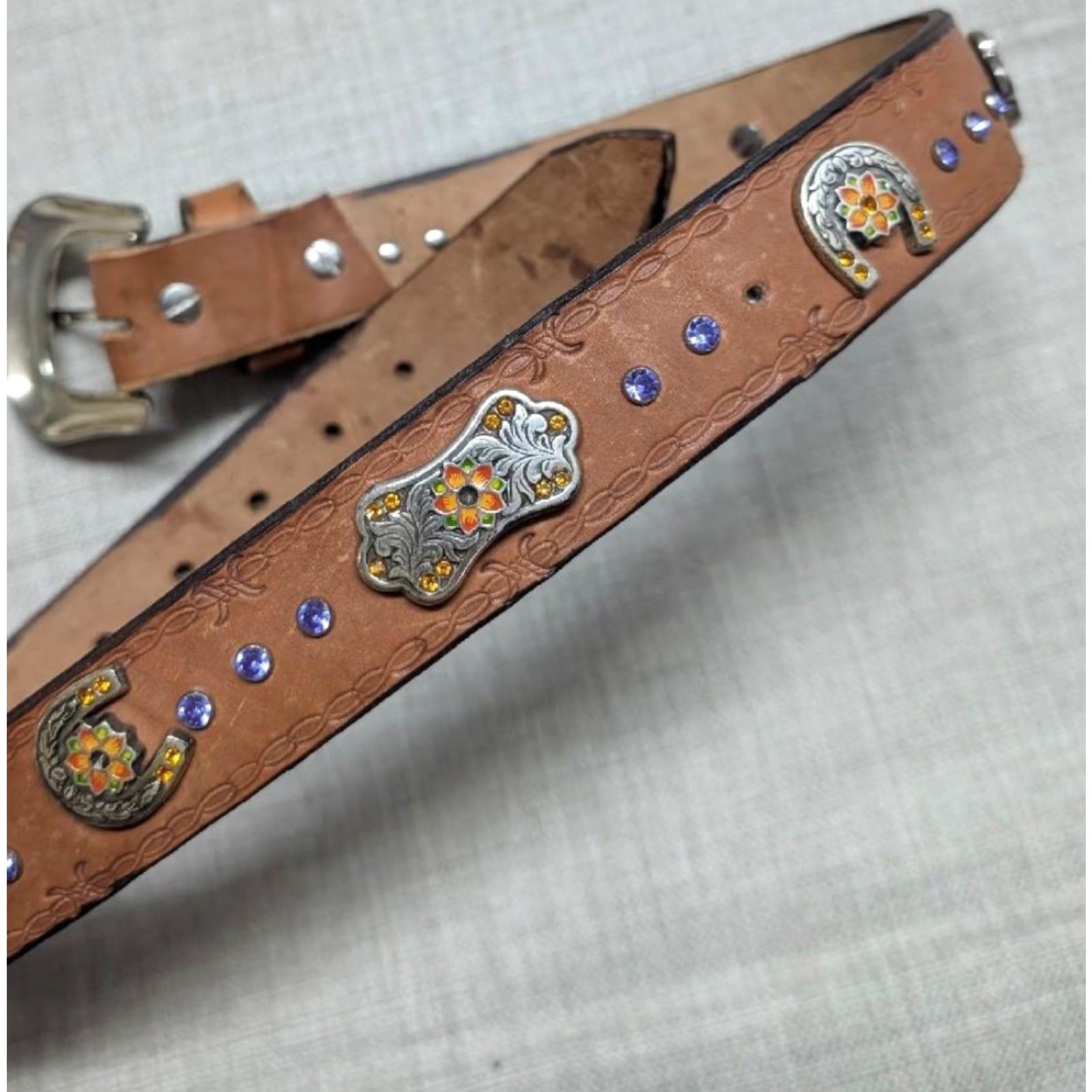 Vintage VINTAGE HANDCRAFTED Western Belt Unisex Adults 32 Brown Tooled Rhinestone Studded Cowboy Buckle Belt Western 90s Size 32 - 2 Thumbnail