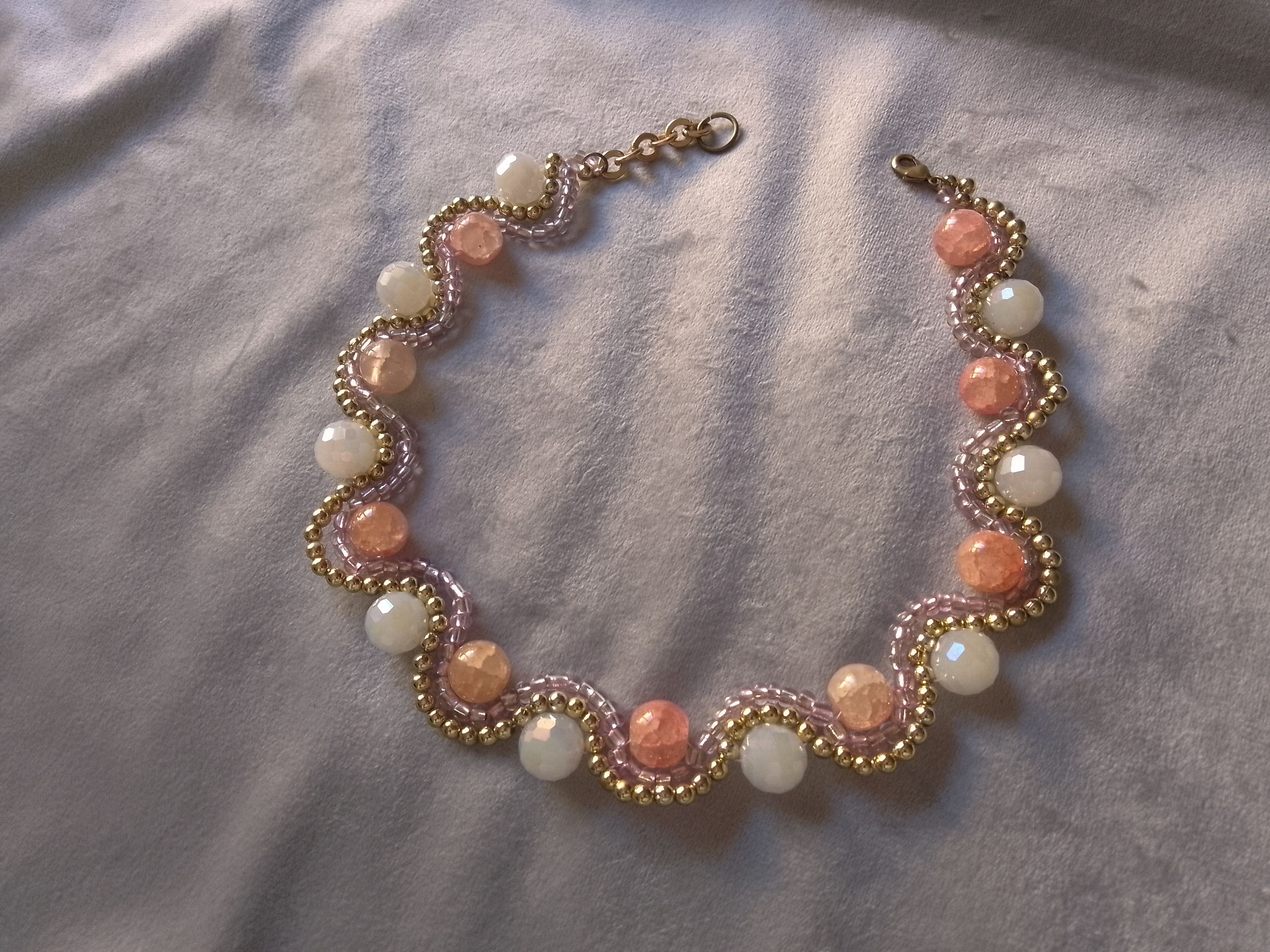 Handmade Necklace Wavy Agate Stone Pearls. Pink/Golden Glass Size ONE SIZE - 1 Thumbnail