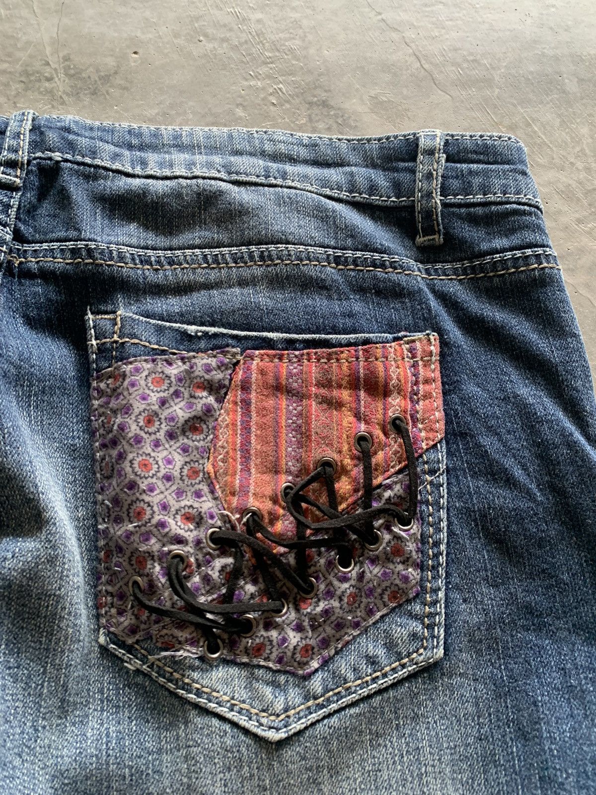 flare japanese patchwork jeans floral lace backpocket