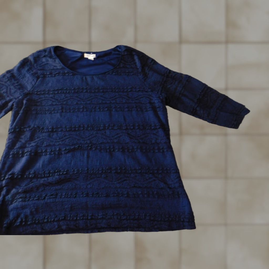 Vintage Westport Womens Blouse L Blue Crew Neck Pullover Stretch Ruffles Short to Long Sleeve Casual Top Size L / US 10 / IT 46 - 1 Thumbnail