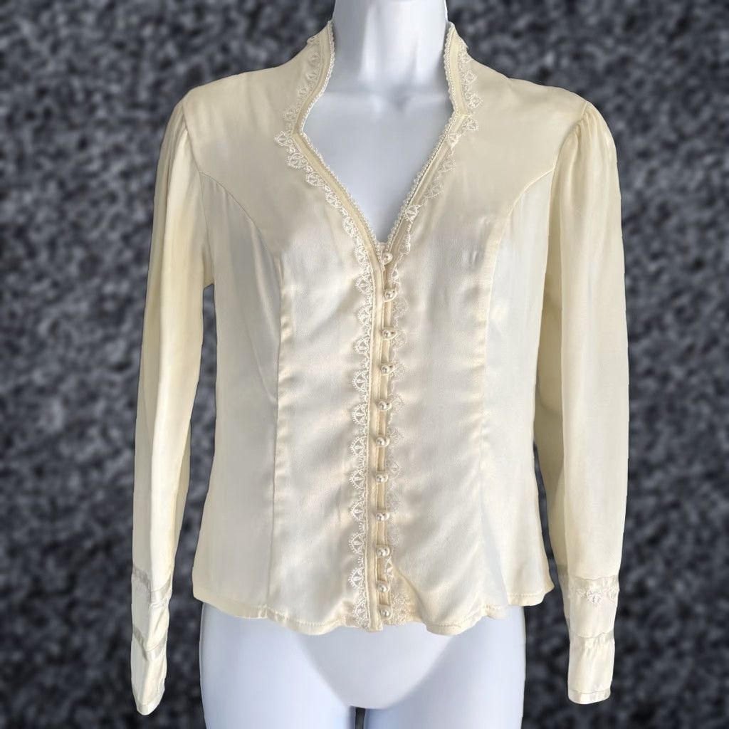Vintage Vtg Jessica Gunne Sax Sz 5 Lace Beads Satin Edwardian Button Up Blouse Ivory Size S / US 4 / IT 40 - 1 Thumbnail