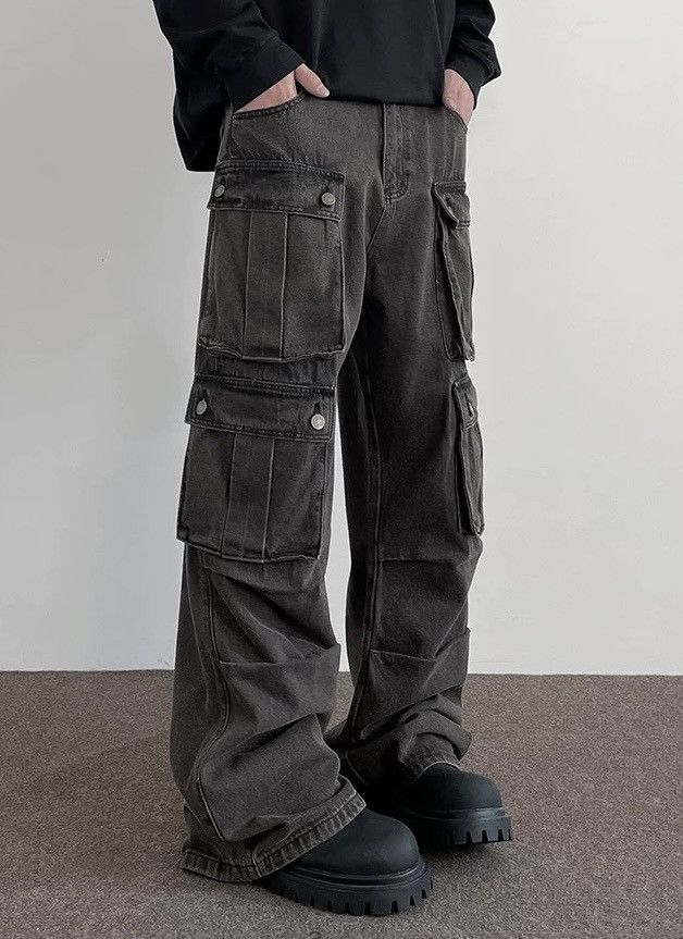 image of Designer Utility Grunge Faded Multi Pocket Loose Fit Cargo Pants in Grey, Men's (Size 30)