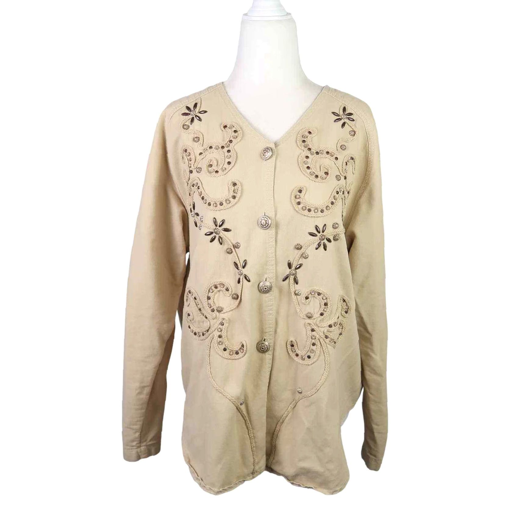 Vintage Vintage 90s tan floral beaded lightweight jacket 14 Size XL / US 12-14 / IT 48-50 - 2 Thumbnail