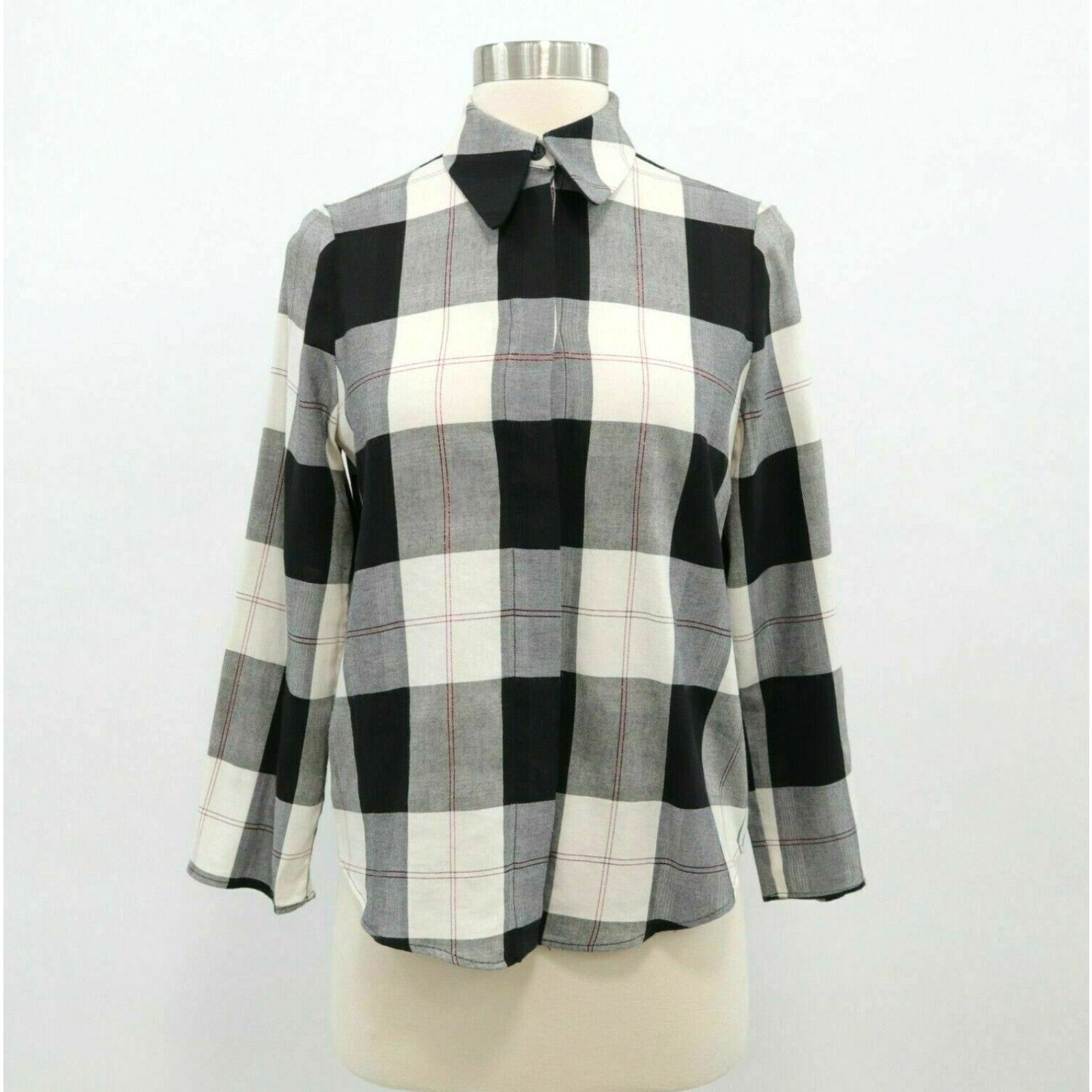 Image of Mm6 Maison Margiela Button-Up Shirt Blouse Us0 It36 Check Plaid Black Ivory Red in White, Women's (