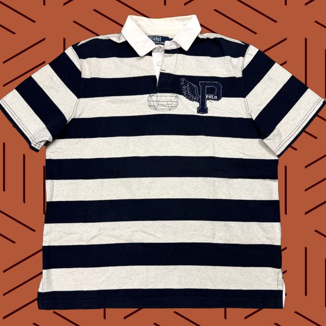 VINTAGE Polo Ralph Lauren P-WING Rugby Style Polo Shirt Custom Fit Adult L Multicolor Striped 1992 Mens