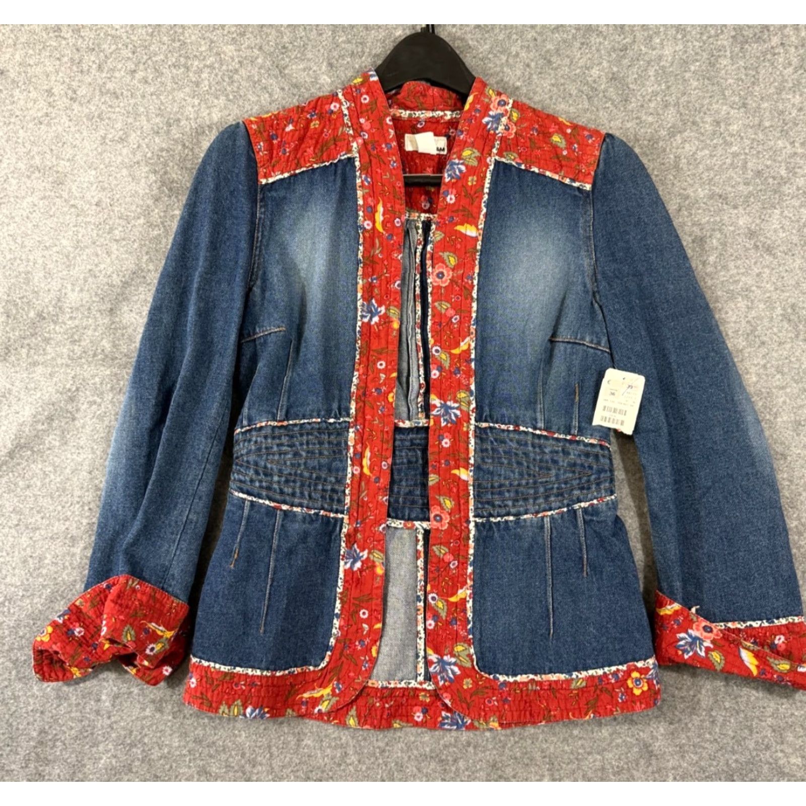 H&M H&M Jacket Womens 6 Blue Denim Floral Quilted Trim Boho Festival Hippie Peplum Open Front NWT Jacket Size M / US 6-8 / IT 42-44 - 2 Thumbnail