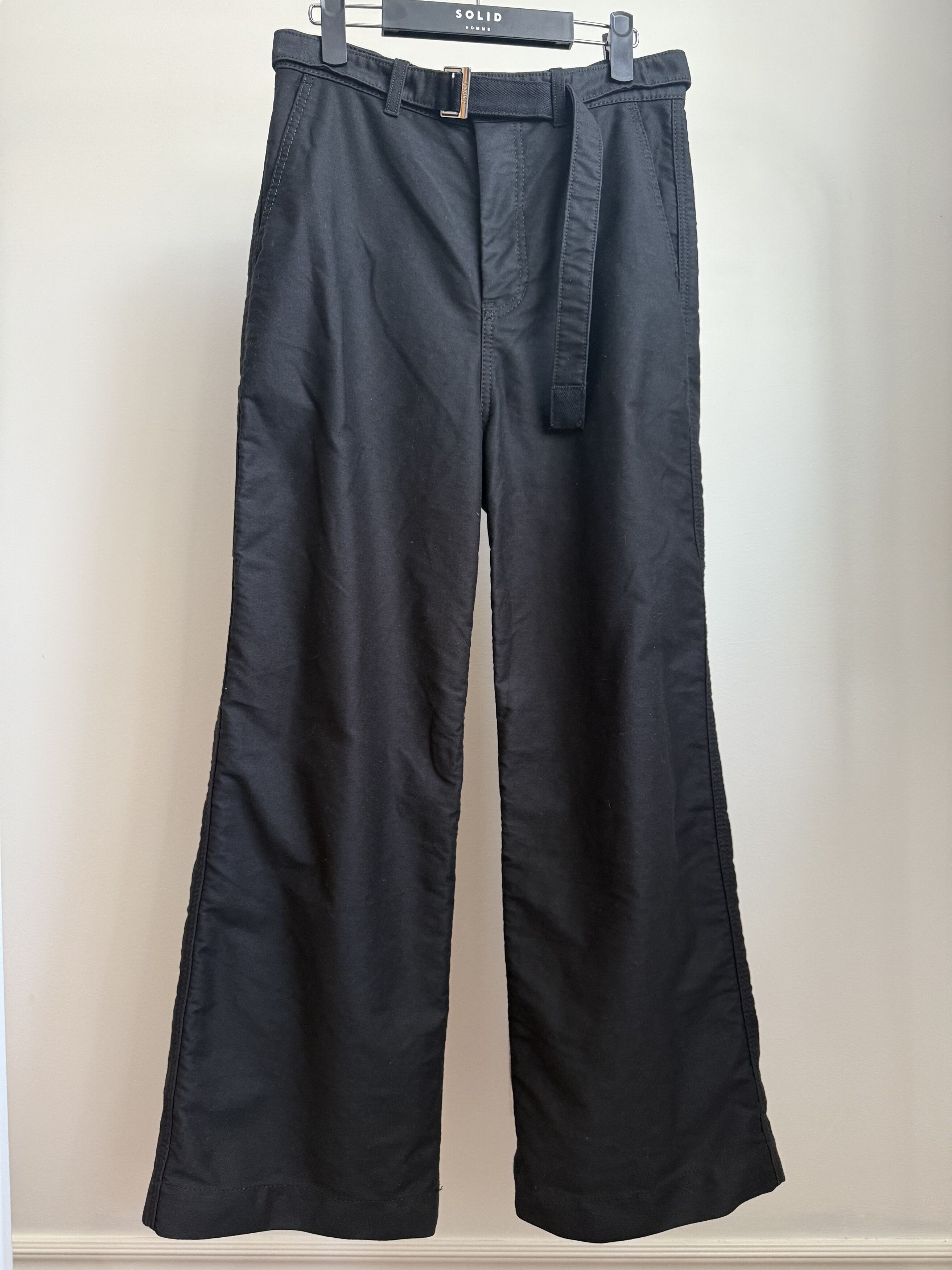 Sacai Black Wide-Leg Belted Cotton-Moleskin Trousers Size US 30 / EU 46 - 2 Thumbnail