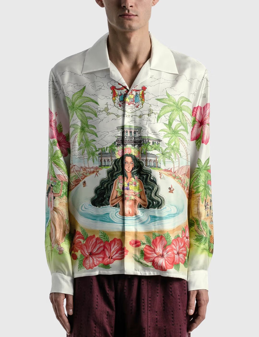image of Casablanca Kamehameha Printed White Long Sleeve Silk Shirt, Men's (Size Small)