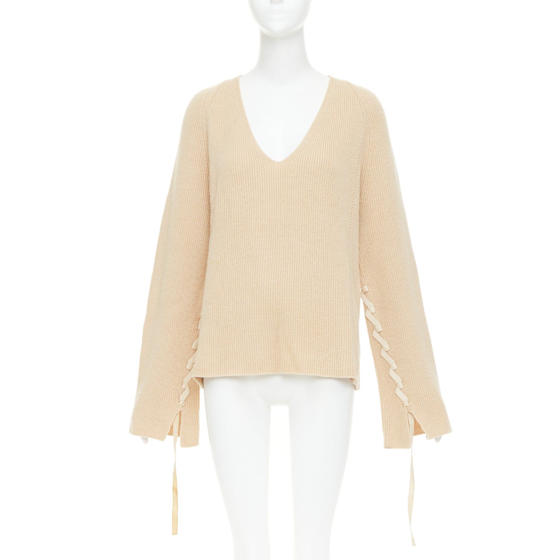 Helmut Lang HELMUT LANG beige wool cashmere lace up sleeves relaxed oversized sweater M Size M / US 6-8 / IT 42-44 - 1 Thumbnail