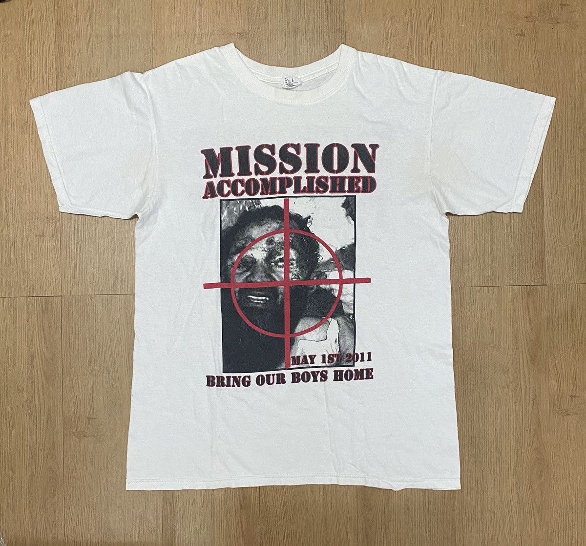 image of Very Vintage Veryvintage Y2K Osama Laden Mission Accomplished Tee in White, Men's (Size Medium)