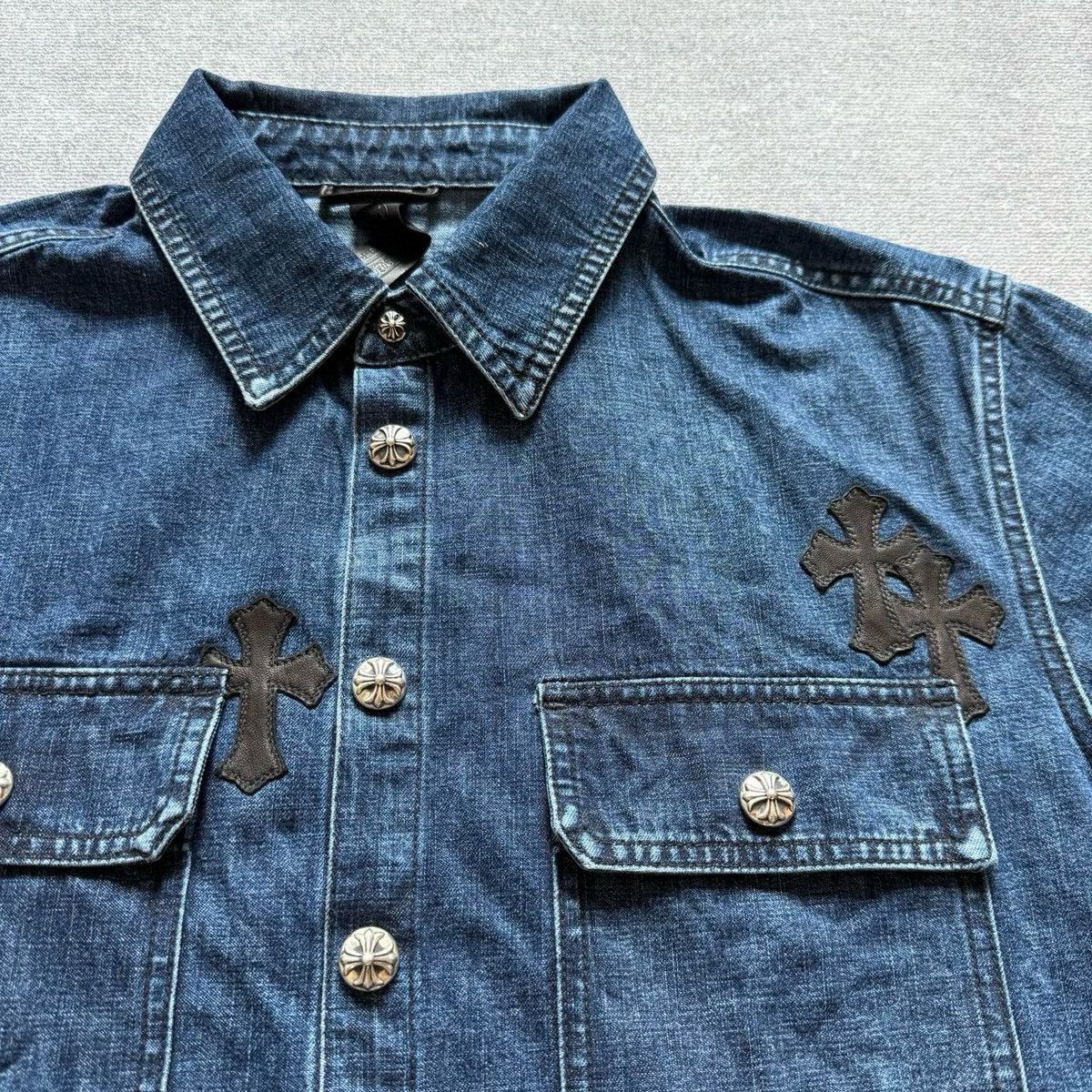 Chrome Hearts Cross Patch Silver Button Denim Shirt