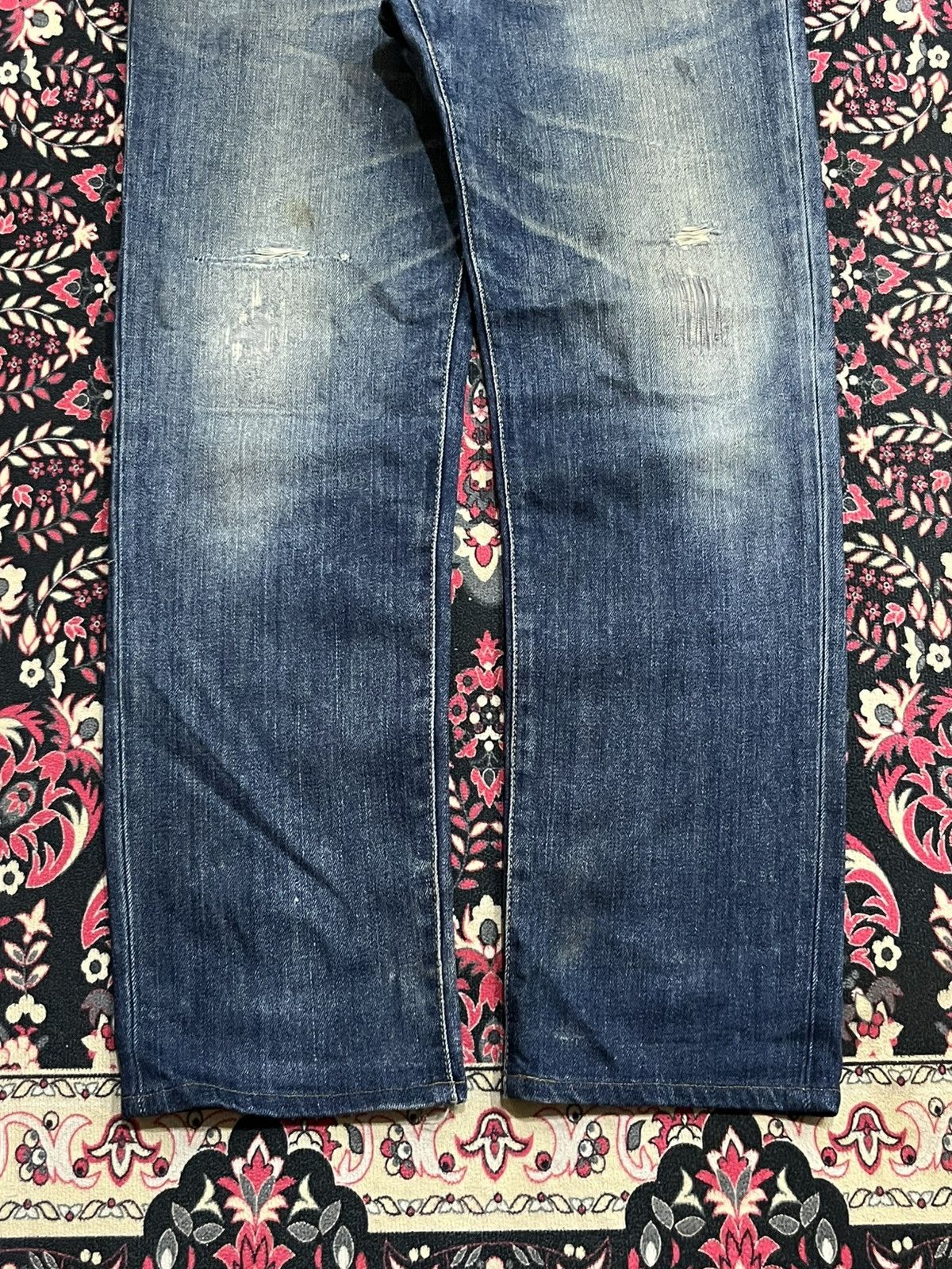 Edwin Edwin 503 Dark Blue Faded Washed Repaired Knee Straight Jean Size US 31 - 10 Thumbnail