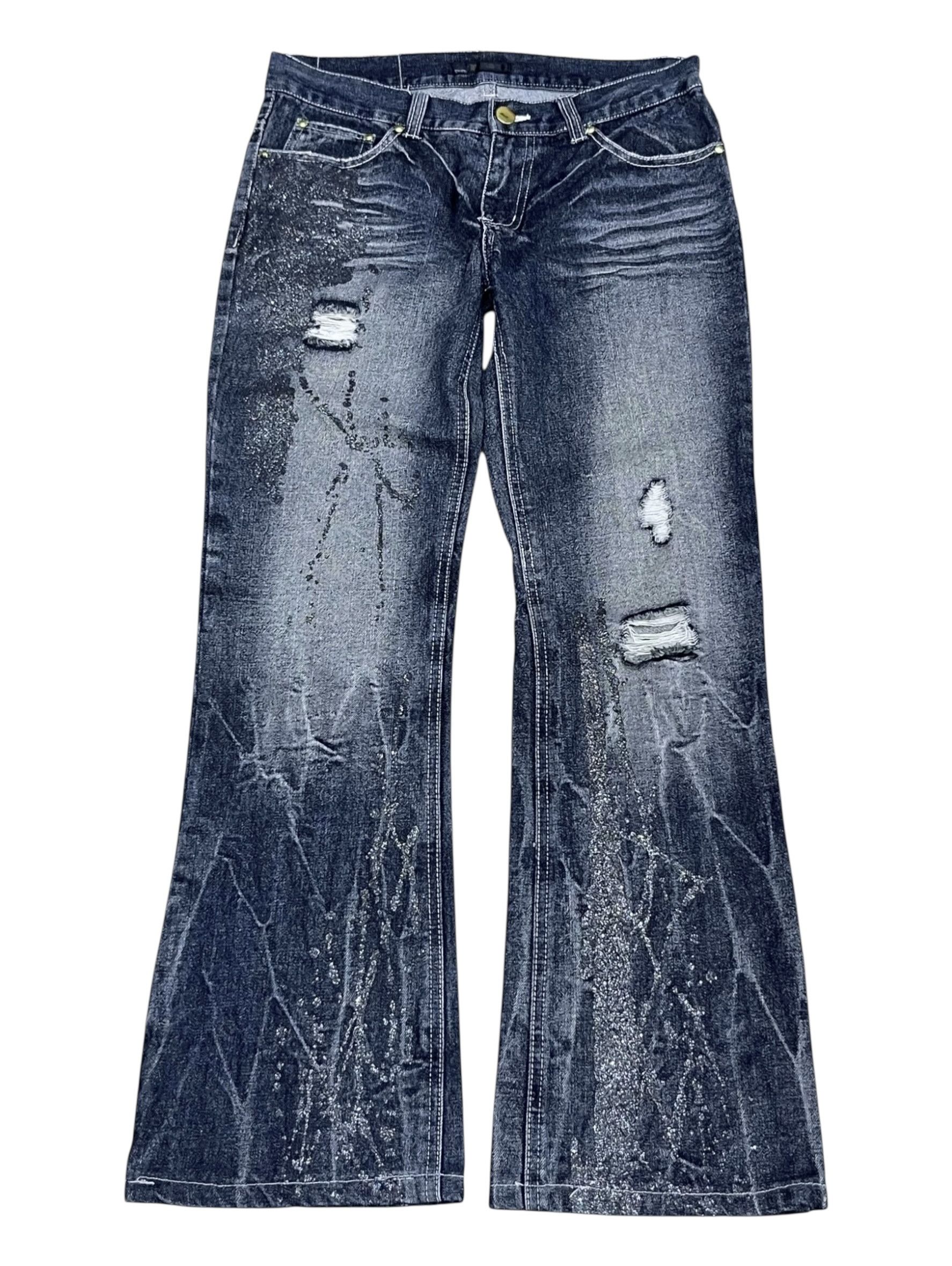 FYE🔥VTG BLACK BACCARA GLITTER SPLASH DISTRESSED FLARE JEANS