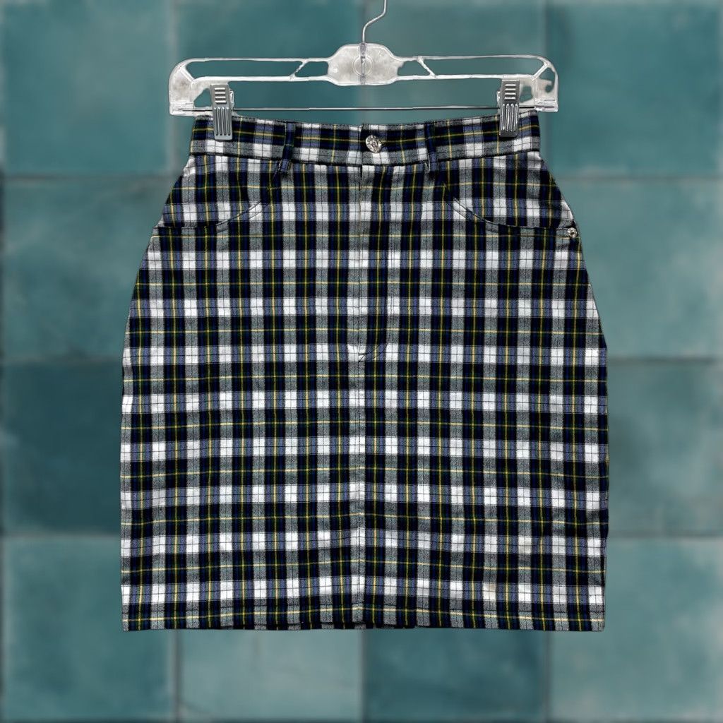 Express VINTAGE 80s 90s Plaid Mini Skirt Navy Blue XS Express Women 0 24 Preppy Western Prairie Size 25" / US 0 / IT 36 - 1 Thumbnail
