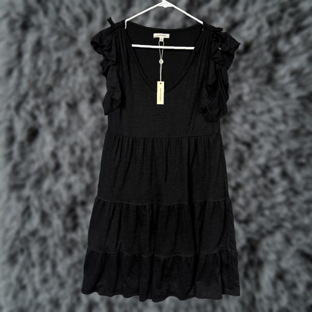 Vintage Max Studio Little Black Dress Womens Large Black Jersey V-Neck Flutter Sleeve Empire Waist Tiered Knee Length Cohort Dress Casual Party/Cocktail Size L / US 10 / IT 46 - 1 Thumbnail