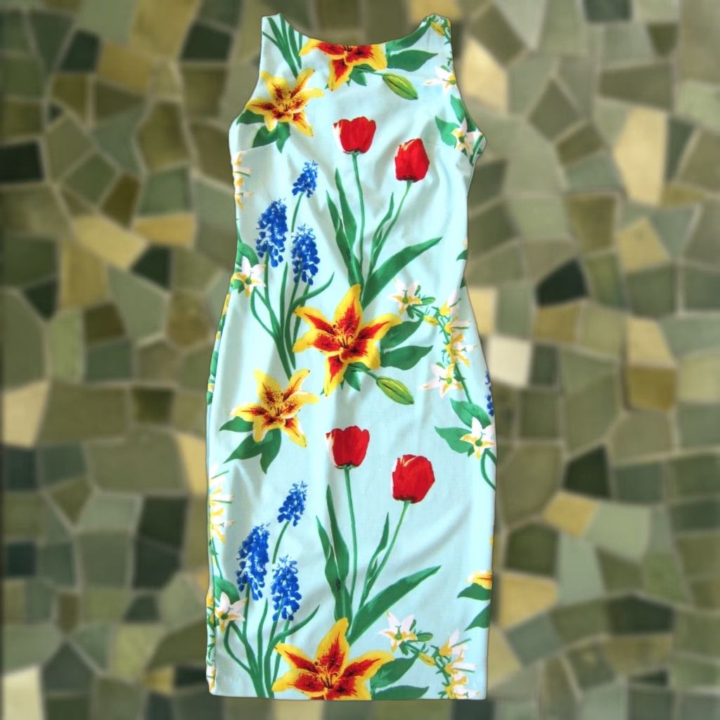 Vintage New York & Company Stretch Sleeveless Sheath Dress S Blue Tulip Flower Midi Dress Size S / US 4 / IT 40 - 1 Thumbnail
