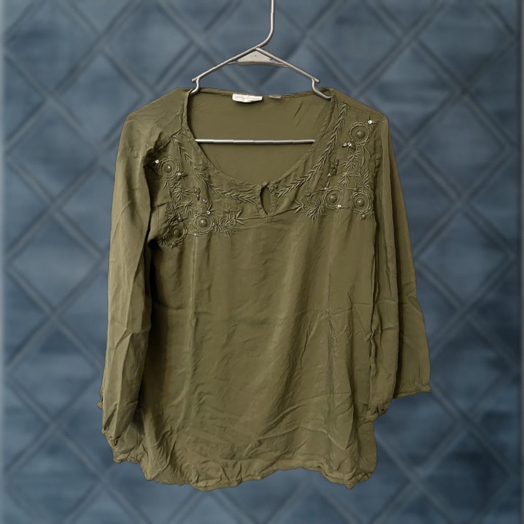 Vintage New York & Company Blouse Women L Green Floral Embroidered Keyhole Neck Beaded Casual Long Sleeve 100% Modal Regular Size L / US 10 / IT 46 - 1 Thumbnail