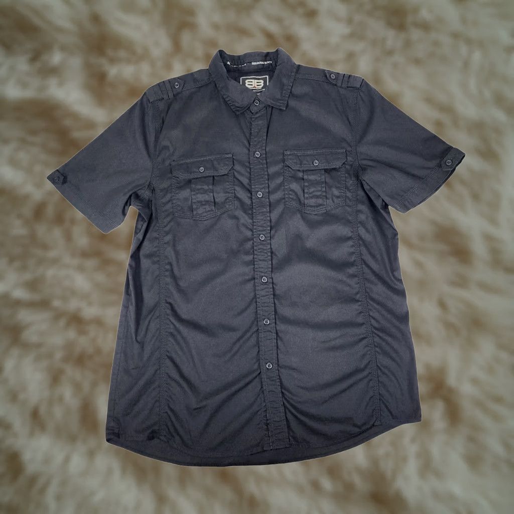 Vintage Benjamin Black Mens XL Black Short Sleeve Button-Up Shirt Utility Chest Pockets Epaulettes Straps Casual Workwear Size US XL / EU 56 / 4 - 1 Thumbnail