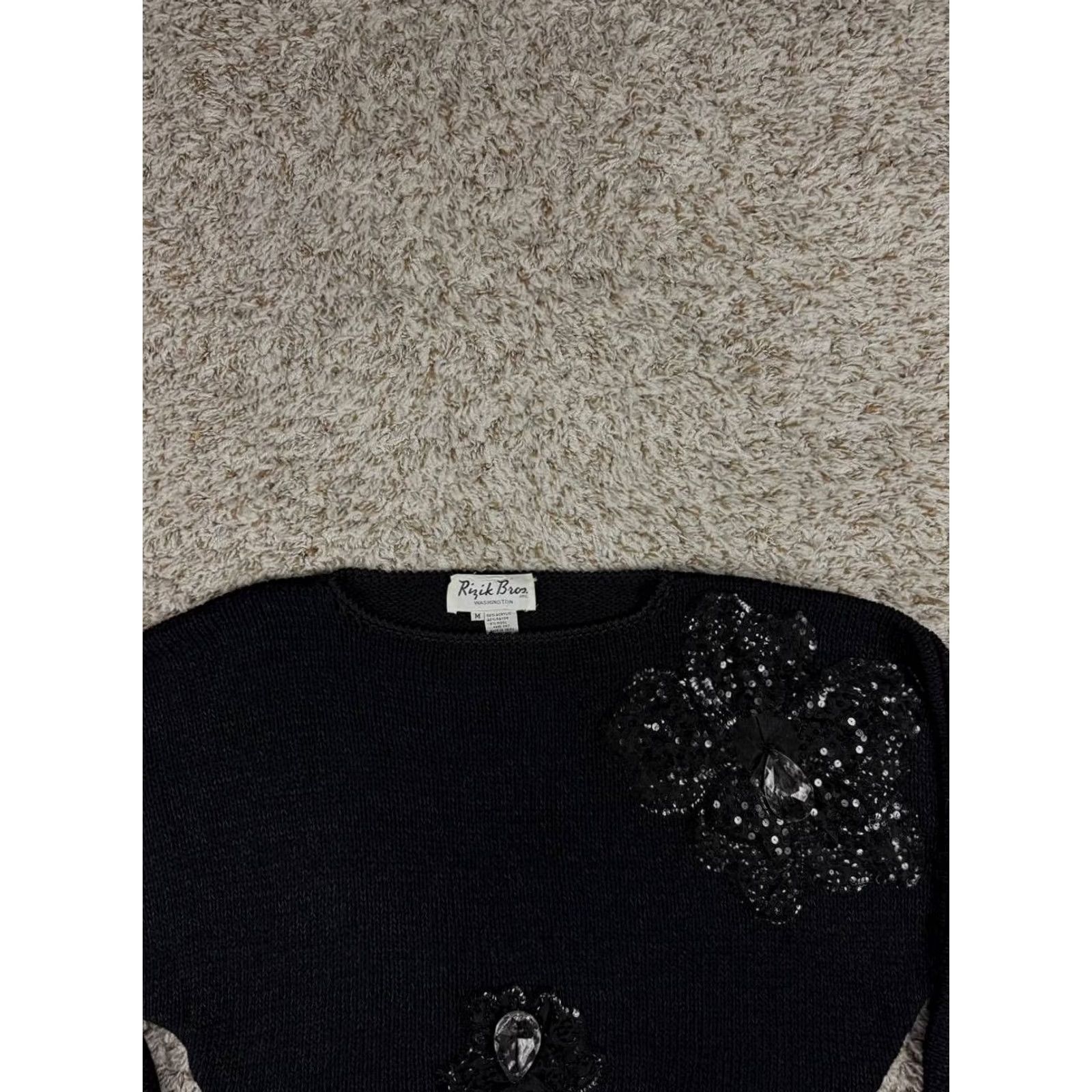 Vintage VINTAGE Rizik Bros Washington Sweater Black Size M Hand Knit Beaded Floral Womens Size M / US 6-8 / IT 42-44 - 2 Thumbnail