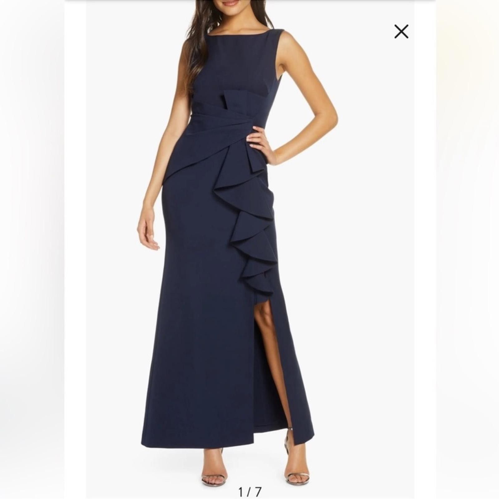 Designer Eliza J Ruffle Front Gown Dress Size 10 Navy Blue Sleeveless Size L / US 10 / IT 46 - 1 Thumbnail