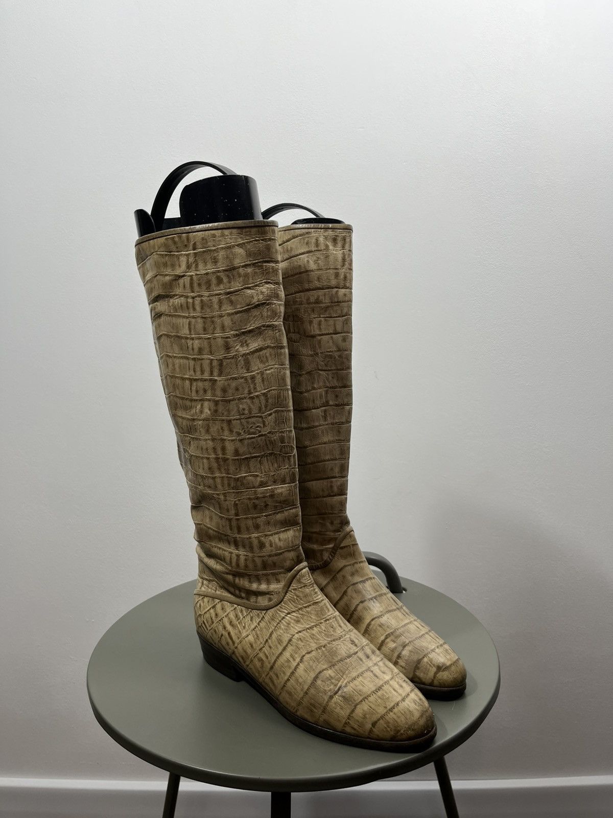 Other Vintage Croc-Embossed Leather Tall Boots Beige Size 37.5 Size US 7 / IT 37 - 1 Thumbnail