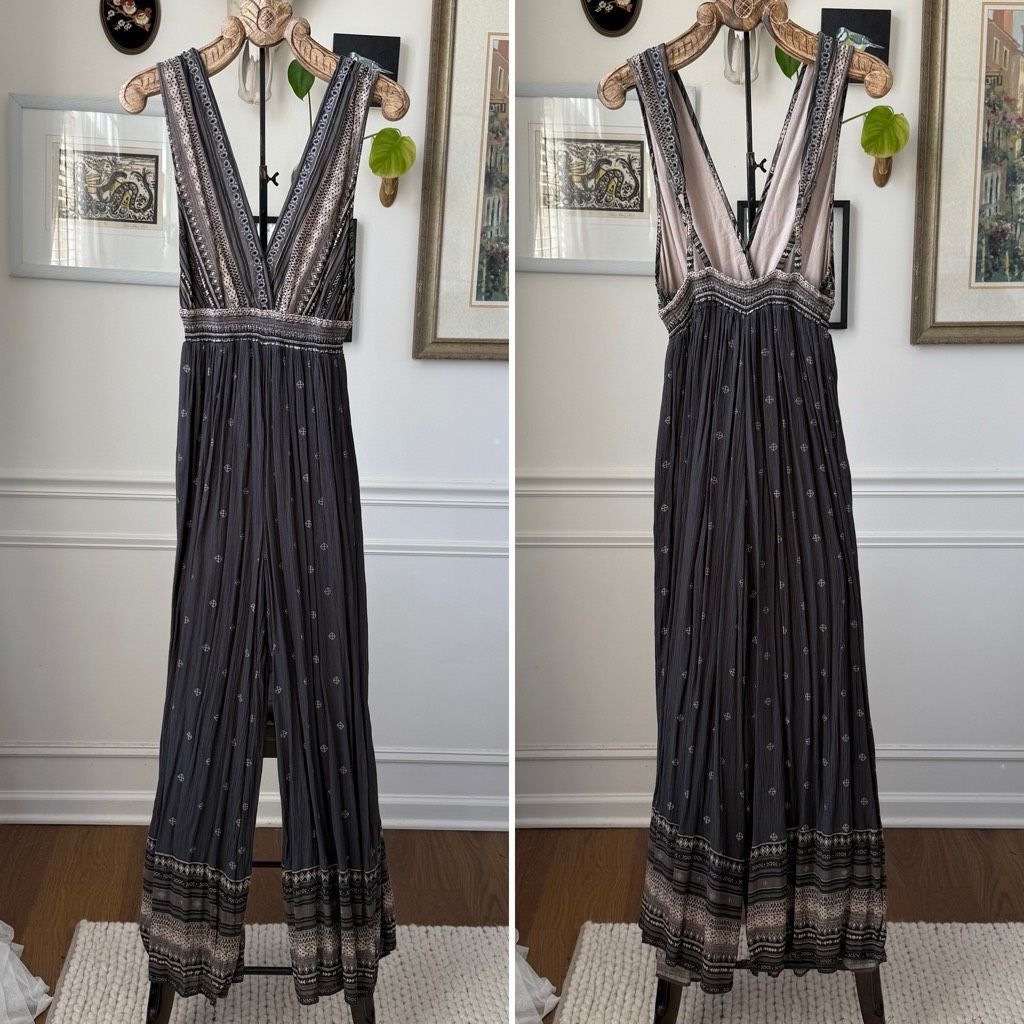 Free People Free People Deep V Boho Jumpsuit Grey $168 S Size US 27 - 2 Thumbnail