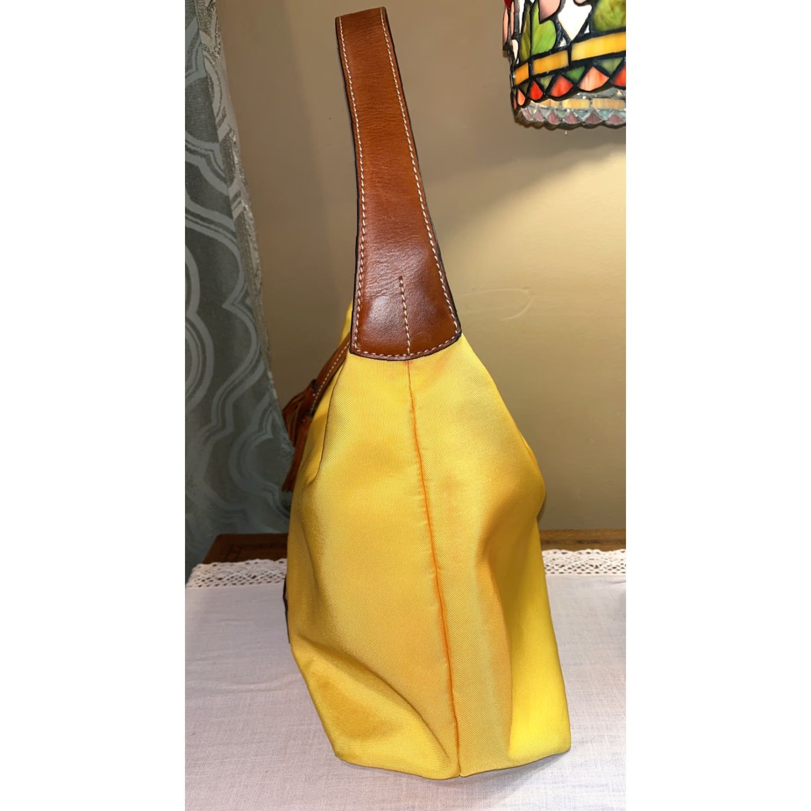 Dooney & Bourke Dooney & Bourke Yellow Canvas Hobo Style Handbag Leather Strap & Tassel Size ONE SIZE - 7 Thumbnail
