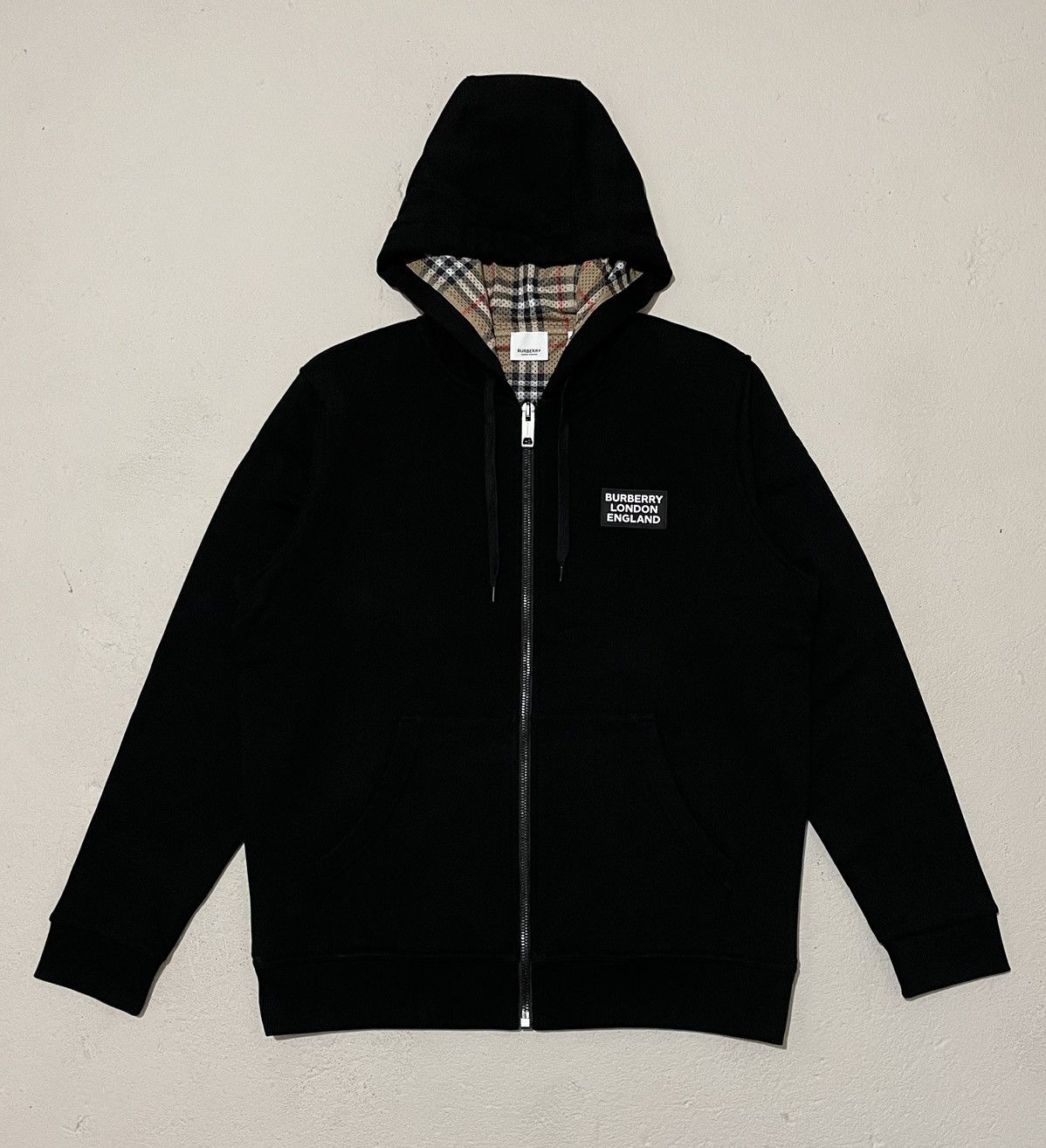 EMBLEM LOGO CHECK ZIP UP HOODIE / WHT