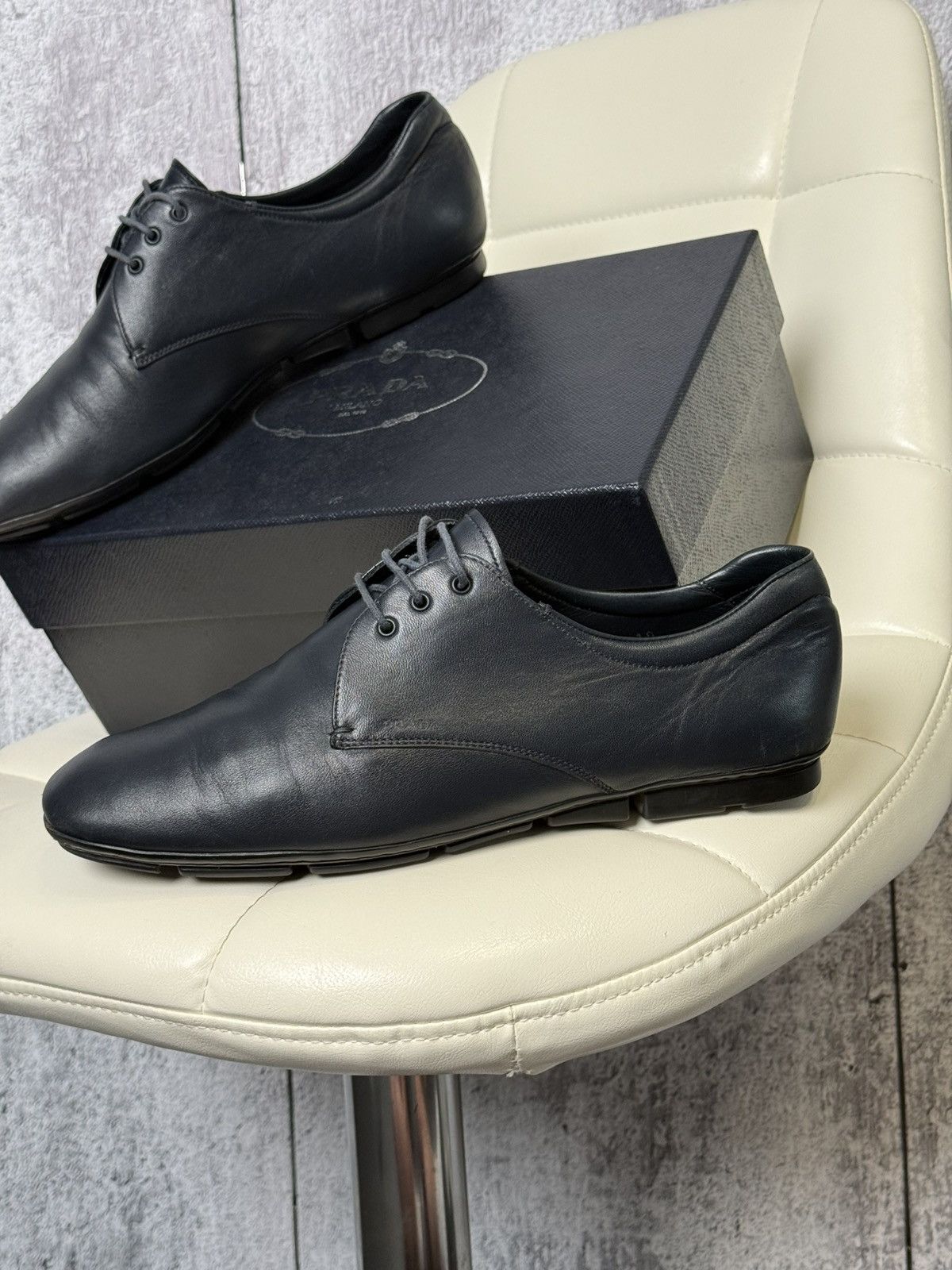 Prada PRADA Navy Leather Lace Up Men’s Shoes With Logo (2ED 034) Size US 11 / EU 44 - 2 Thumbnail