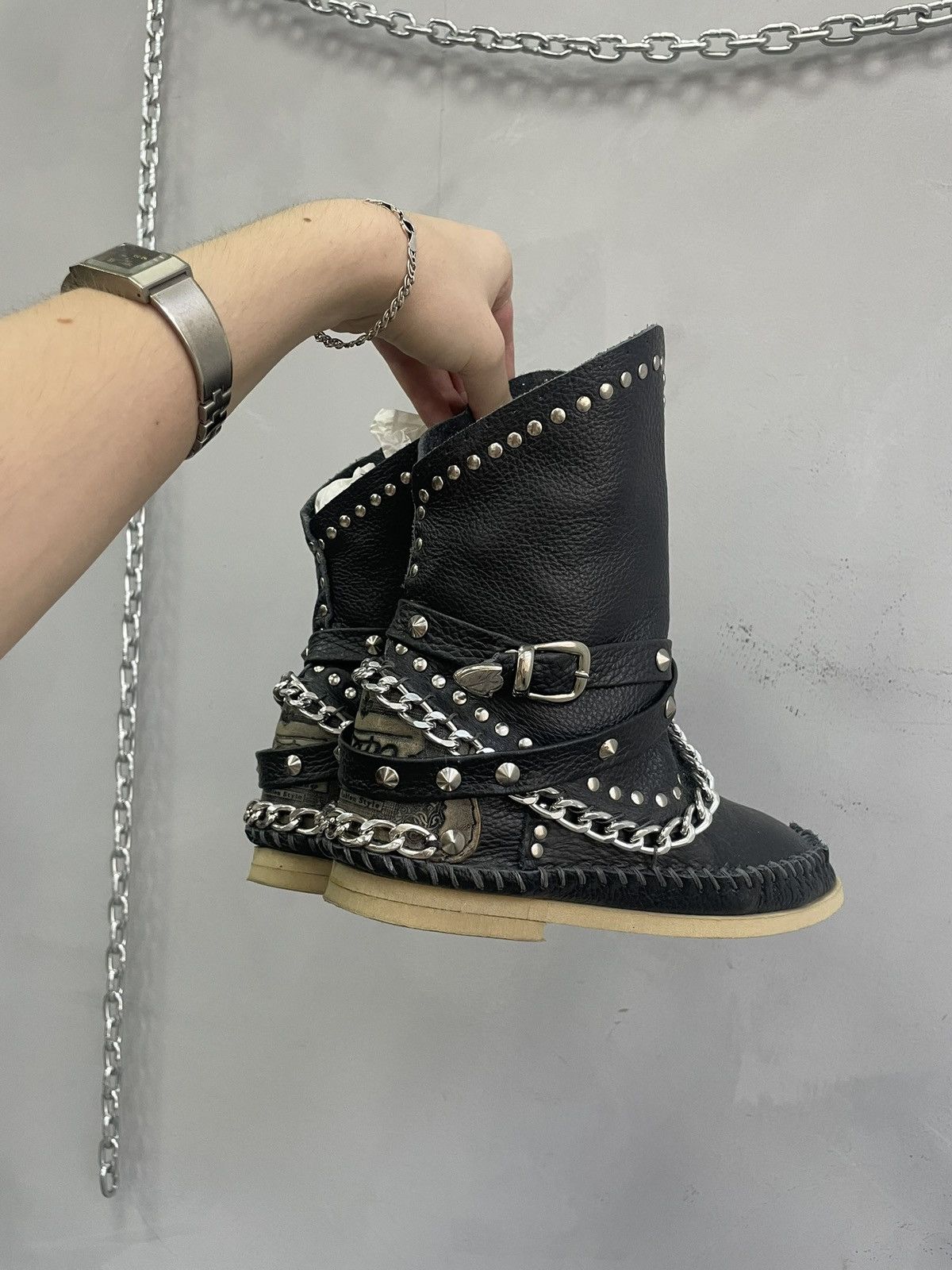 If Six Was Nine Gothic chain studded y2k boots black leather 14thaddiction Size US 5.5 / IT 35.5 - 4 Thumbnail