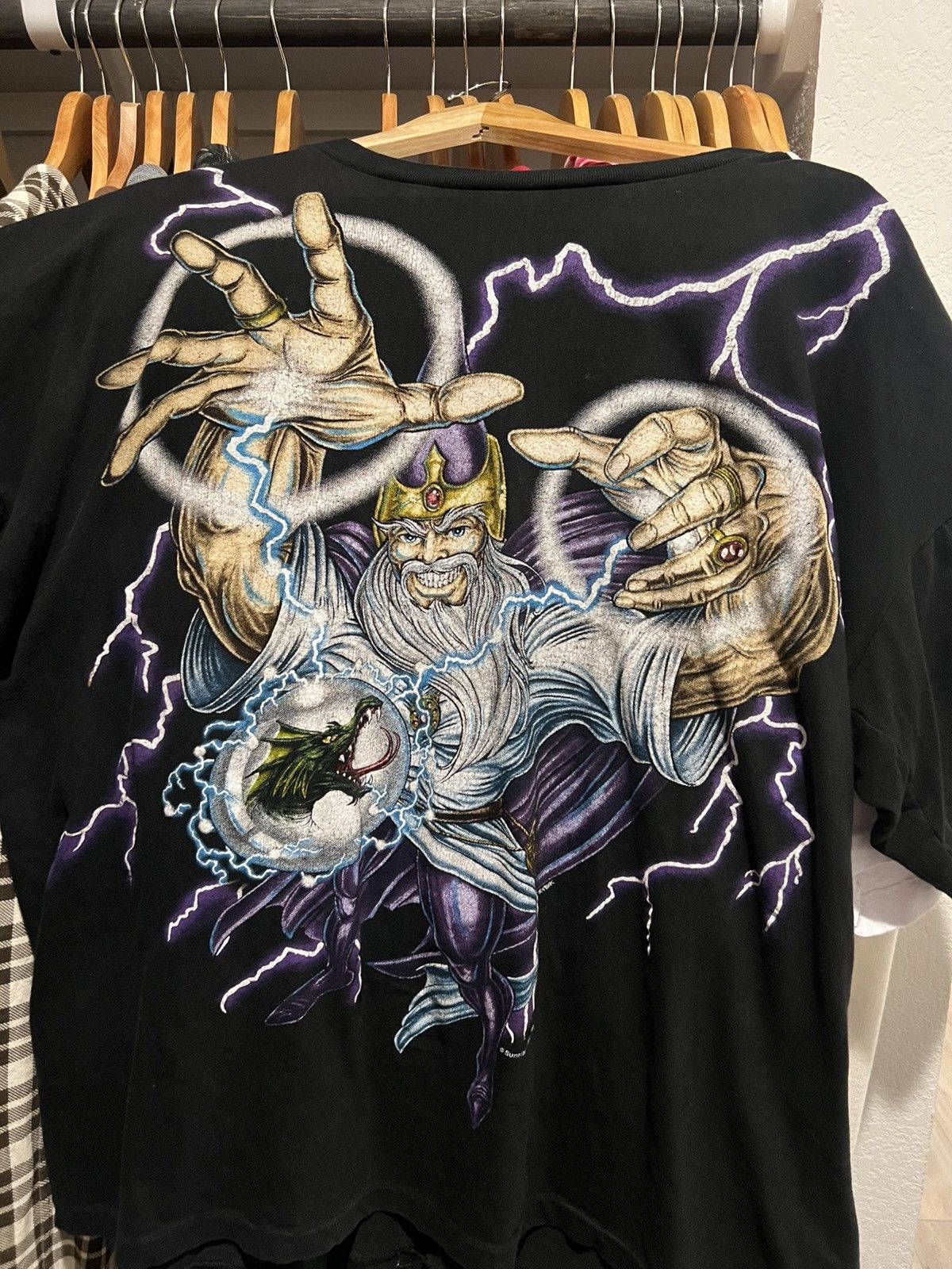 Vintage American Thunder 90s Graphic T Shirt AOP Wizard Lightning Size US XXL / EU 58 / 5 - 1 Thumbnail