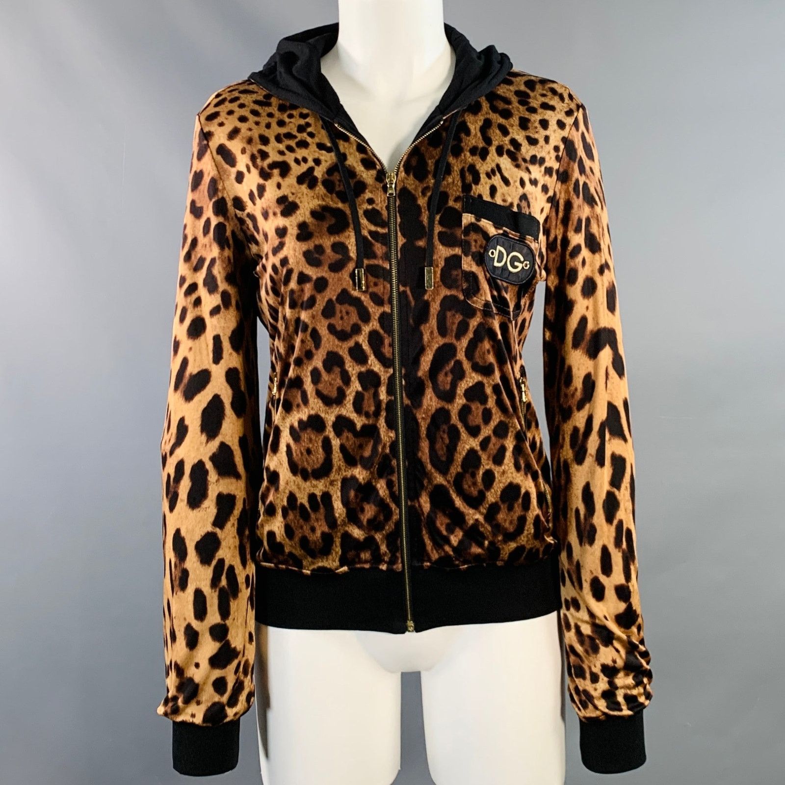 Size 4 Brown Black Satin Animal Print Zip Up Jacket